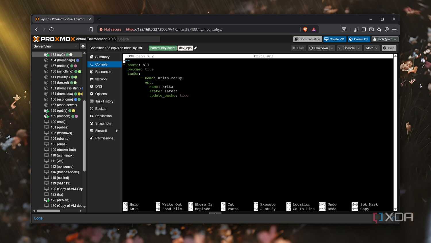 An Ansible playbook in Proxmox's web UI