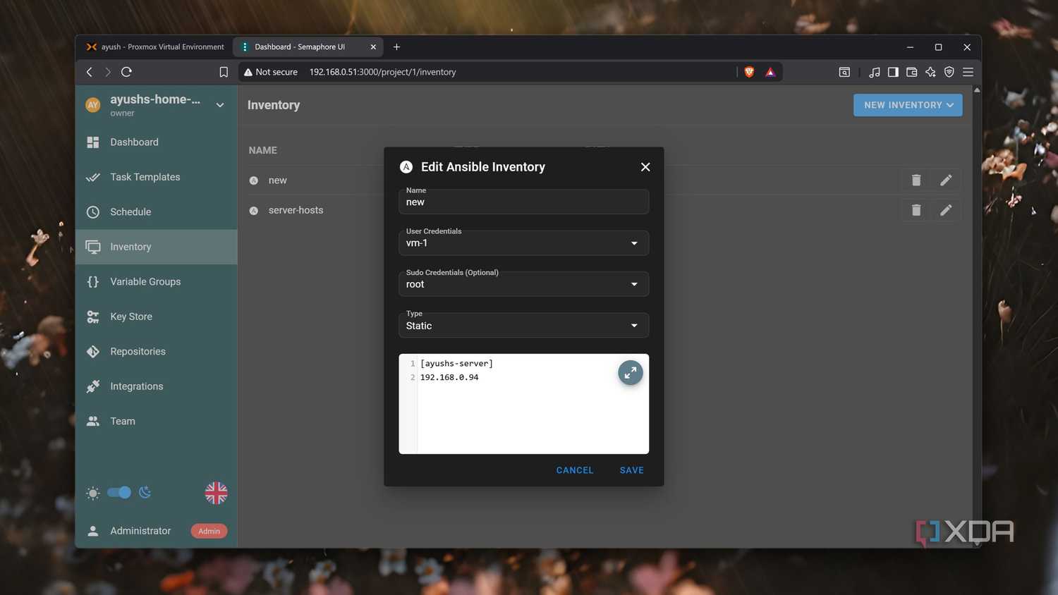 The Ansible Inventory in Semaphore