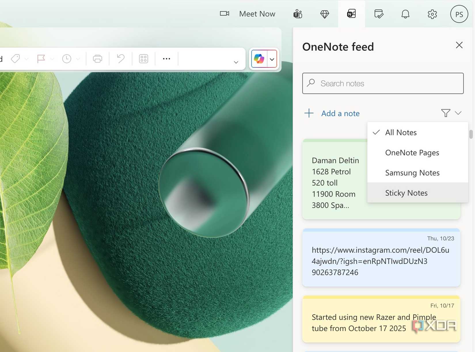 Notas adhesivas en Outlook