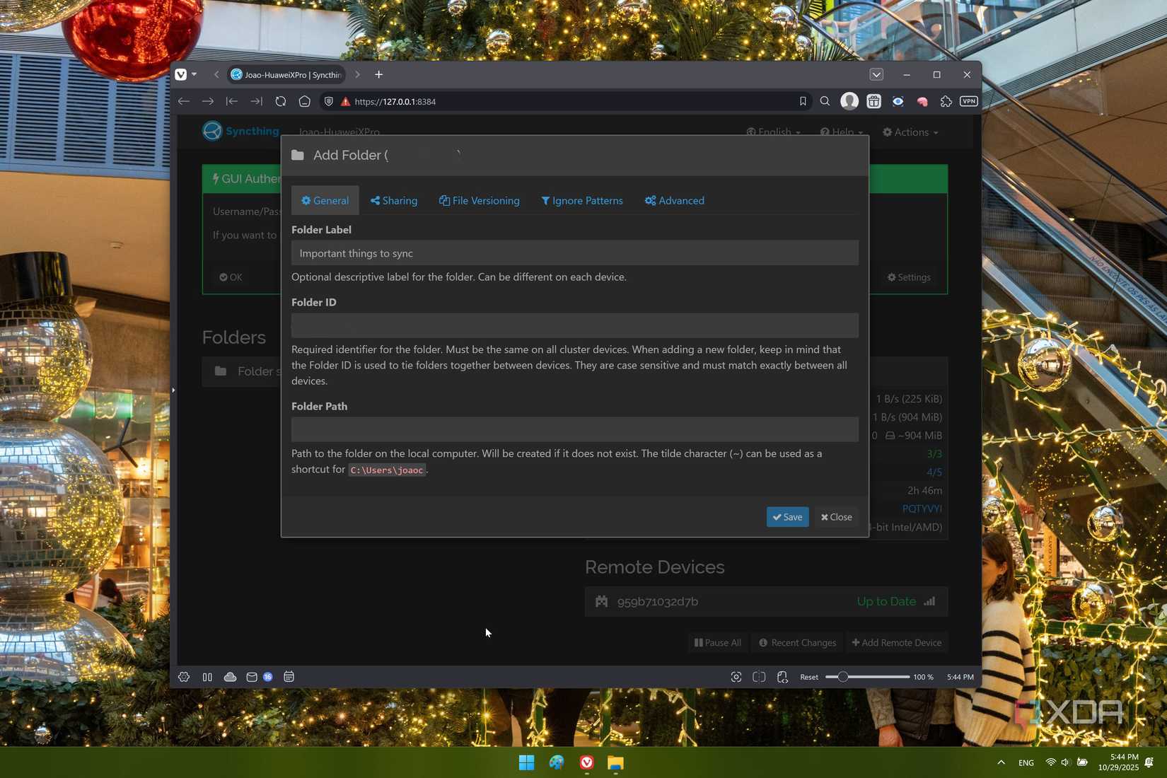 Captura de pantalla de Syncthing que muestra la pantalla de creación de carpetas