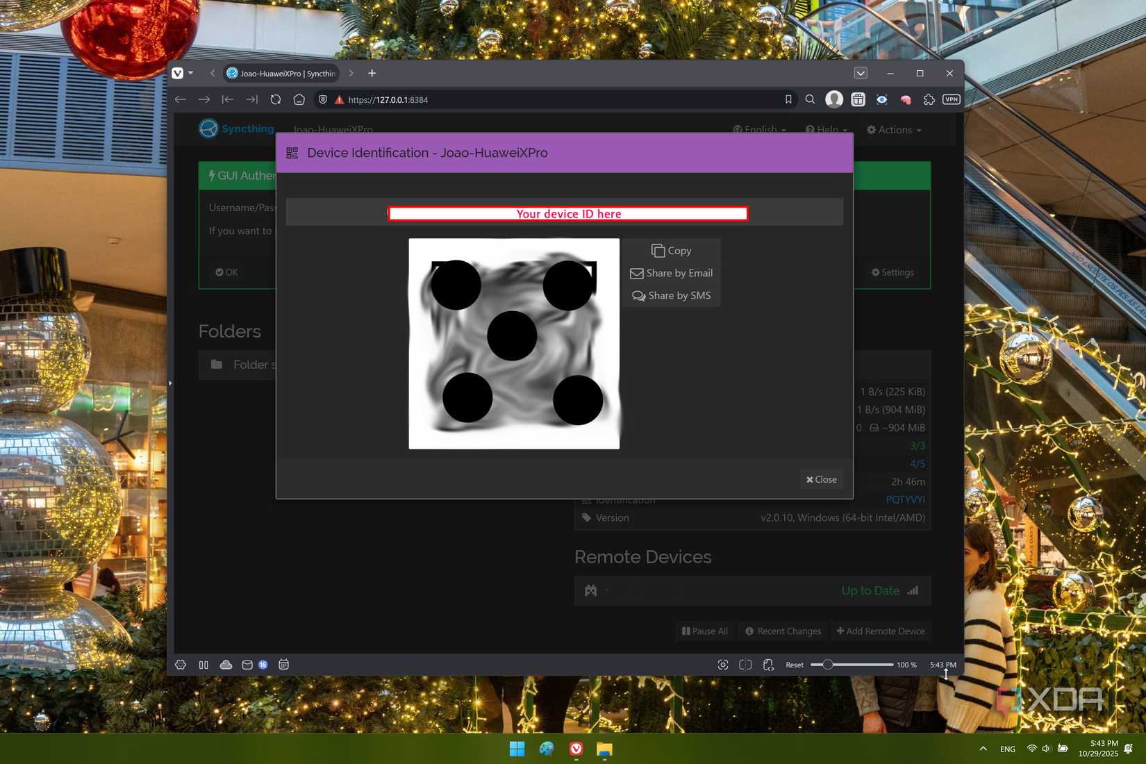 Captura de pantalla de Syncthing que muestra una pantalla donde el usuario puede ver la ID del dispositivo para vincular otro dispositivo