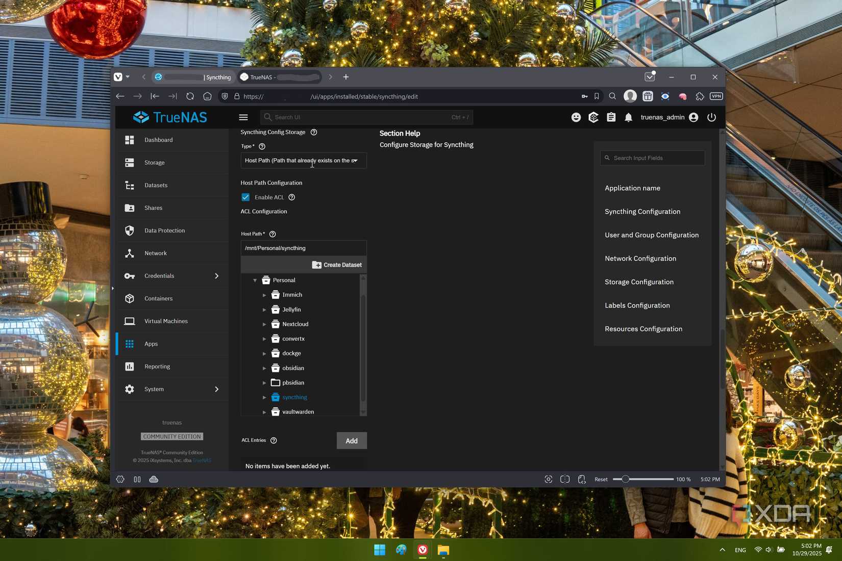 Captura de pantalla de TrueNAS que muestra la página de configuración de la aplicación Syncthing