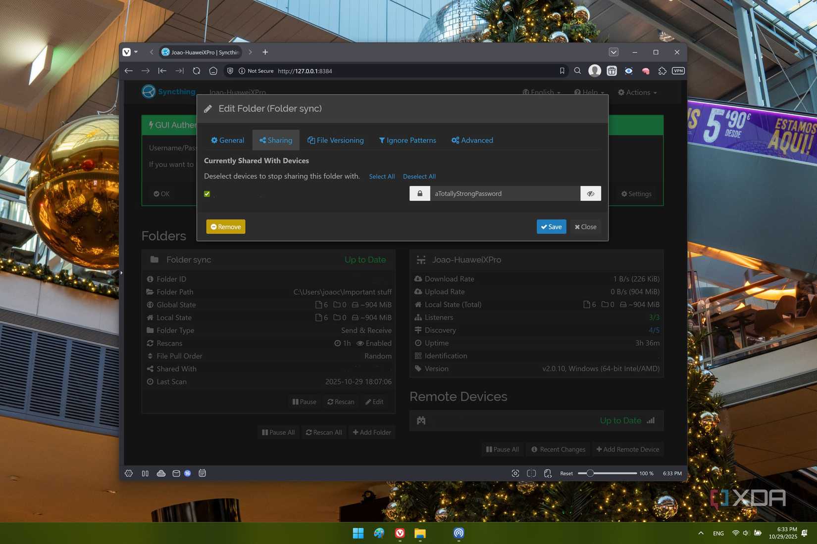 Captura de pantalla de Syncthing que muestra la configuración para proteger una carpeta compartida con una contraseña