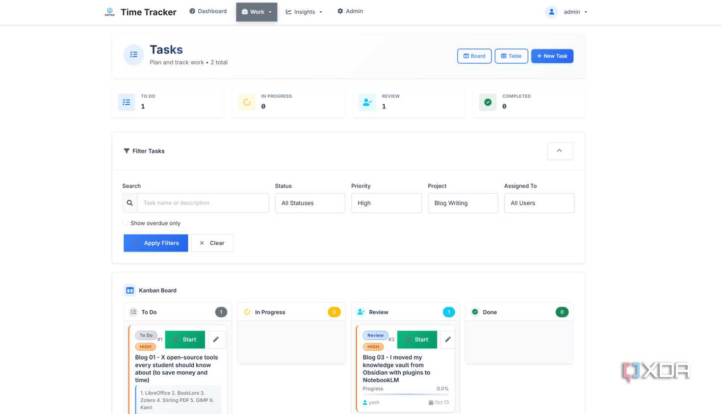 Task Filters in time tracker