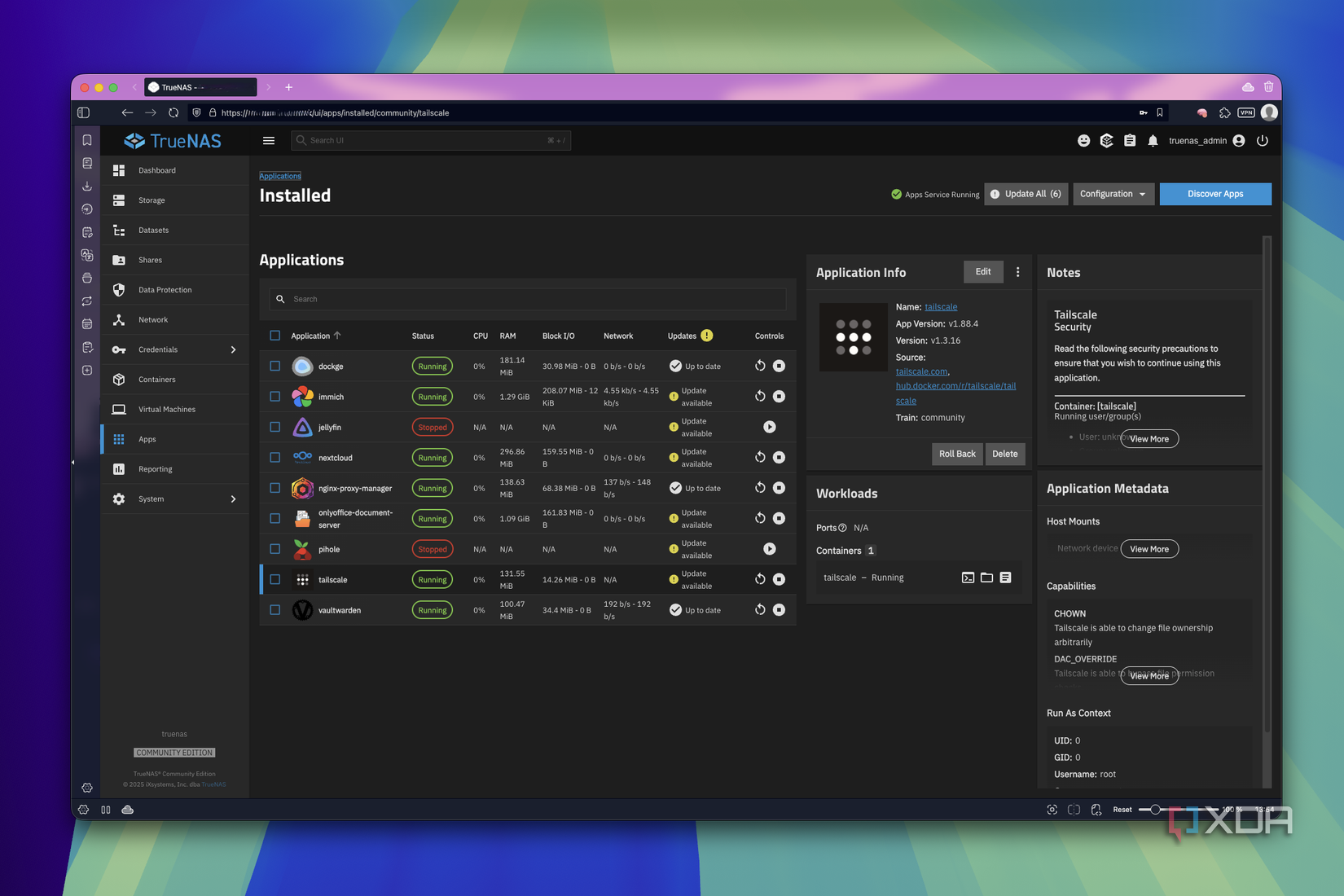 Captura de pantalla de TrueNAS que muestra información sobre la aplicación Tailscale