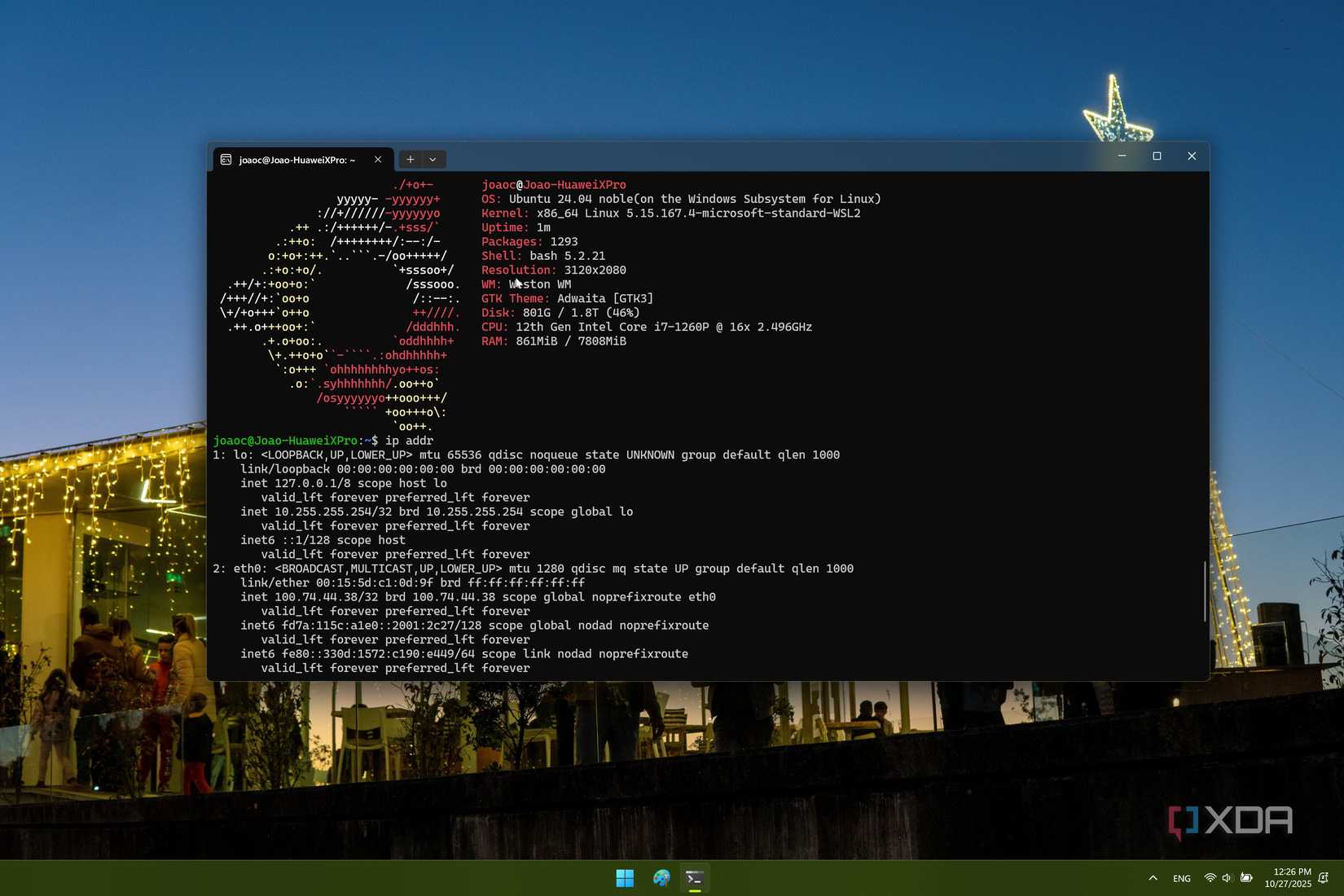 Captura de pantalla de la Terminal de Windows que muestra información sobre una instalación de Ubuntu en WSL, junto con información de red