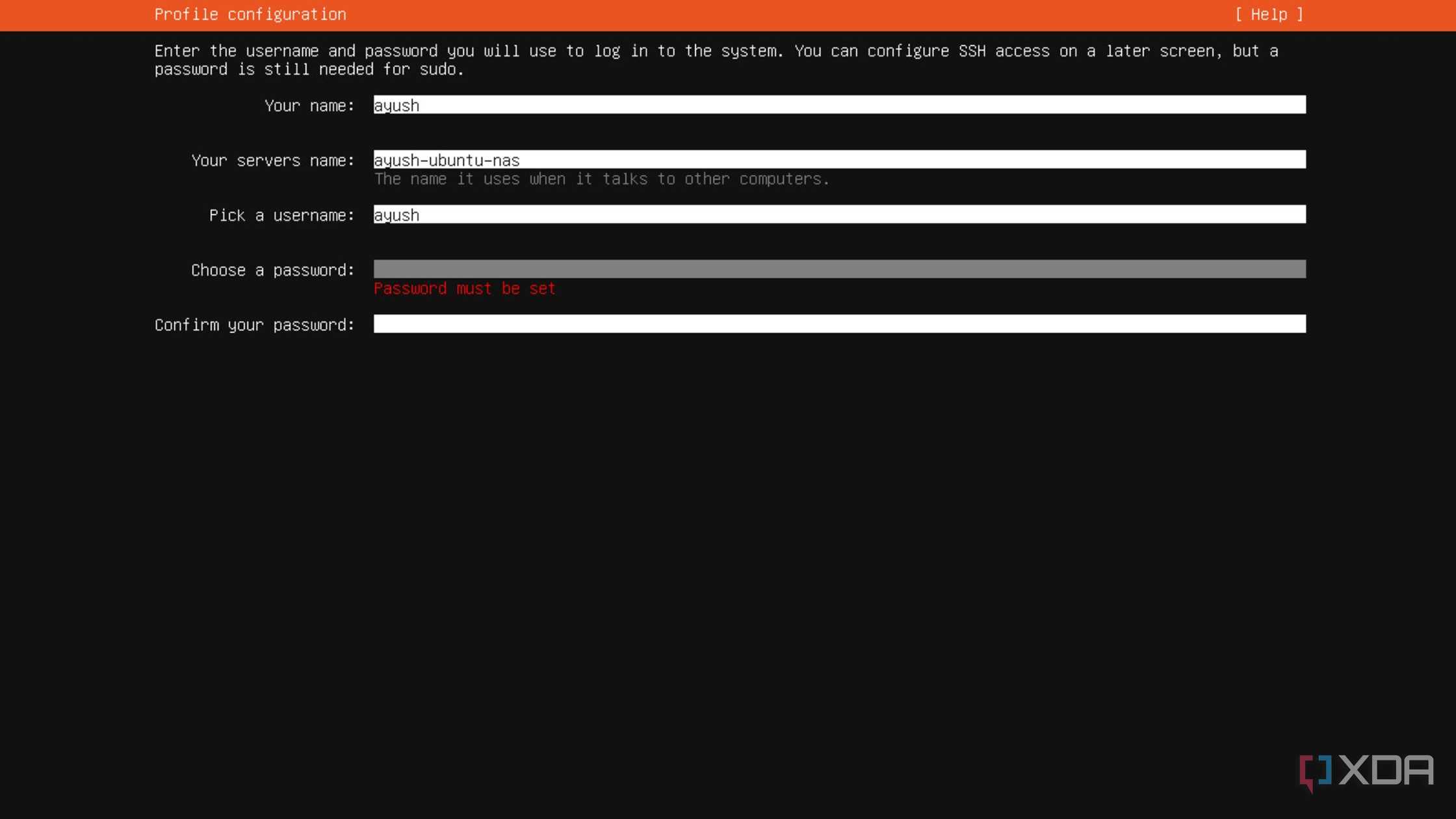 Configuring a profile for Ubuntu Server in the installation wizard