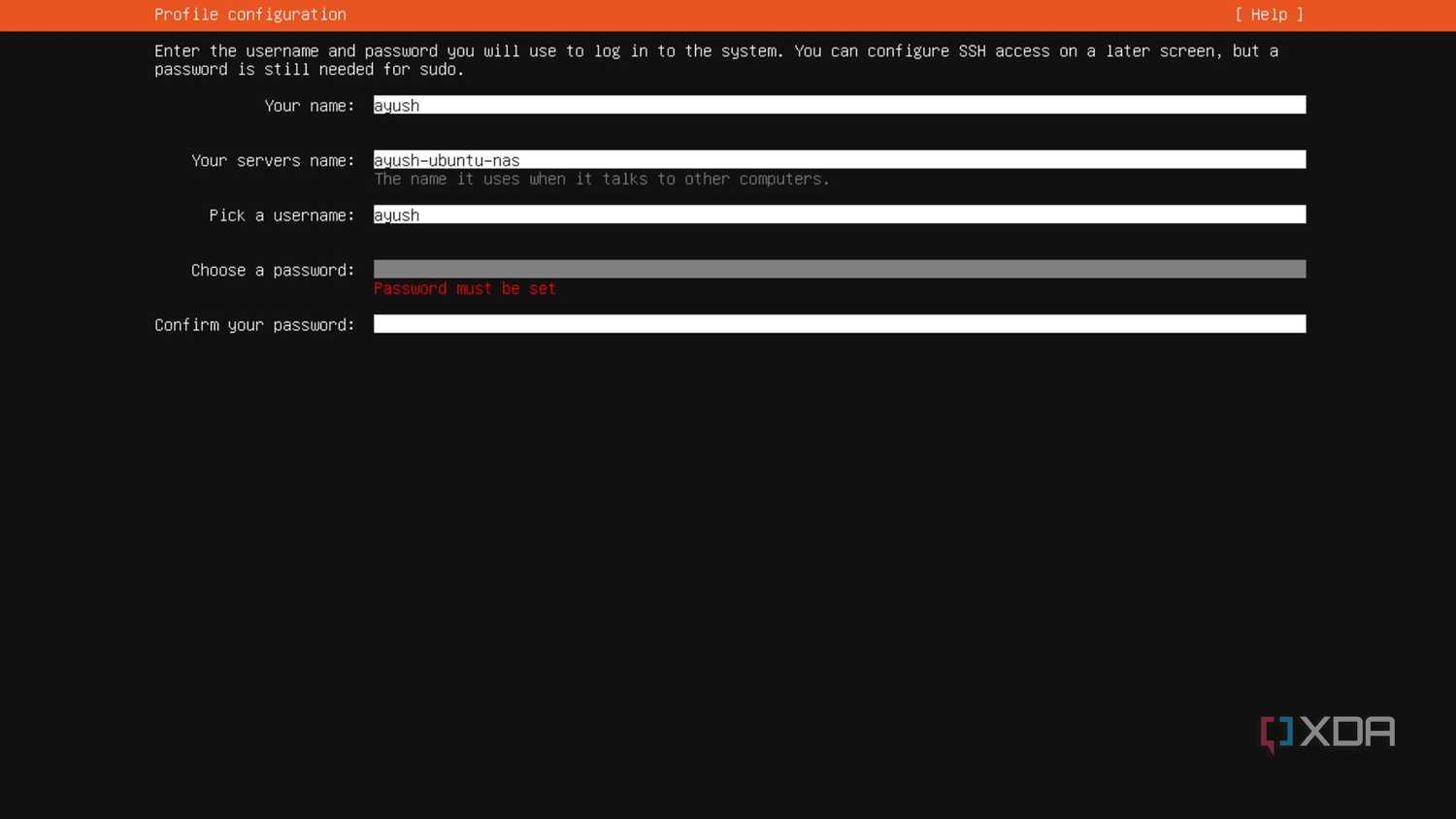 Configuring a profile for Ubuntu Server in the installation wizard