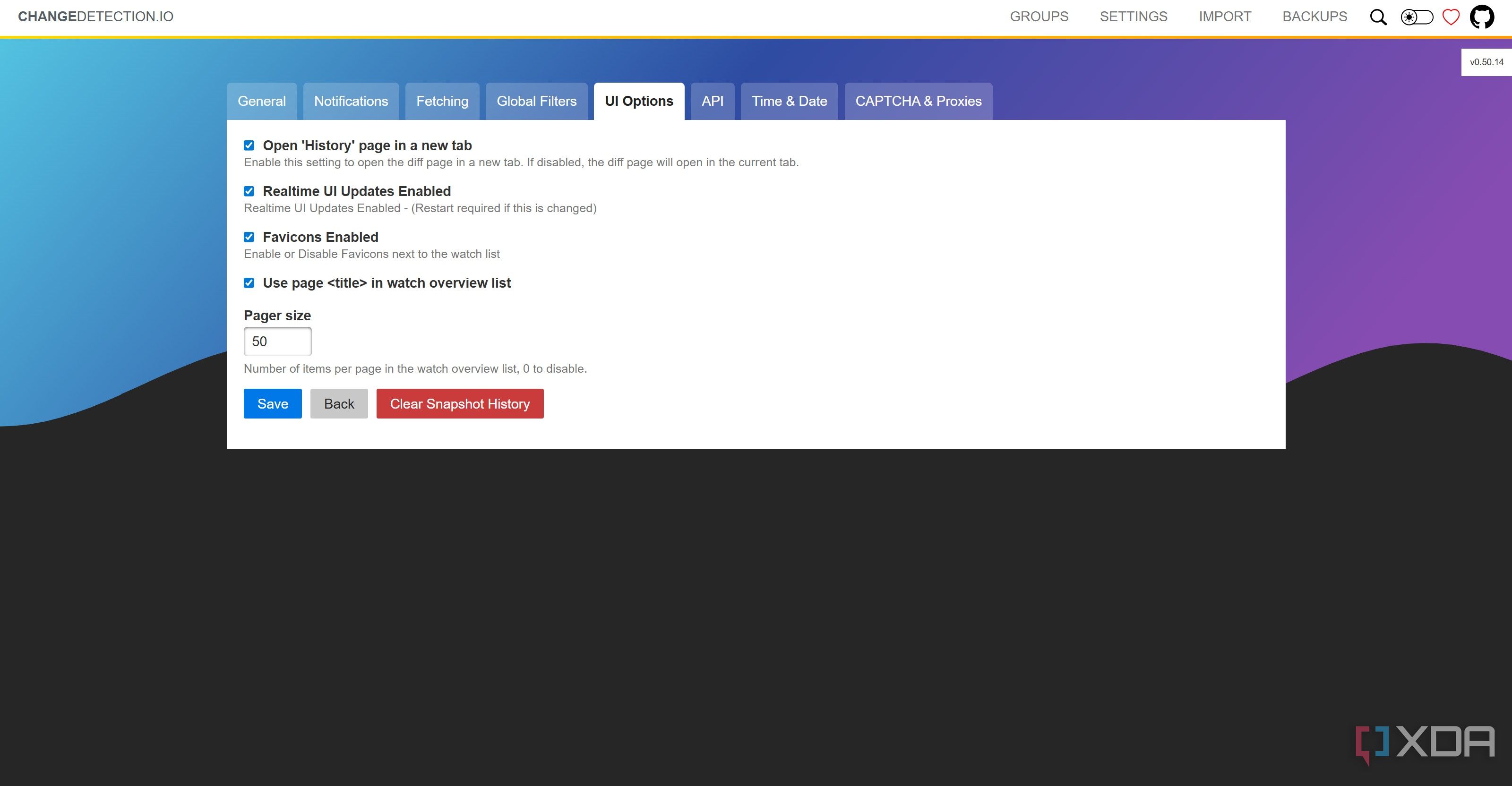 UI Settings in ChangeDetection