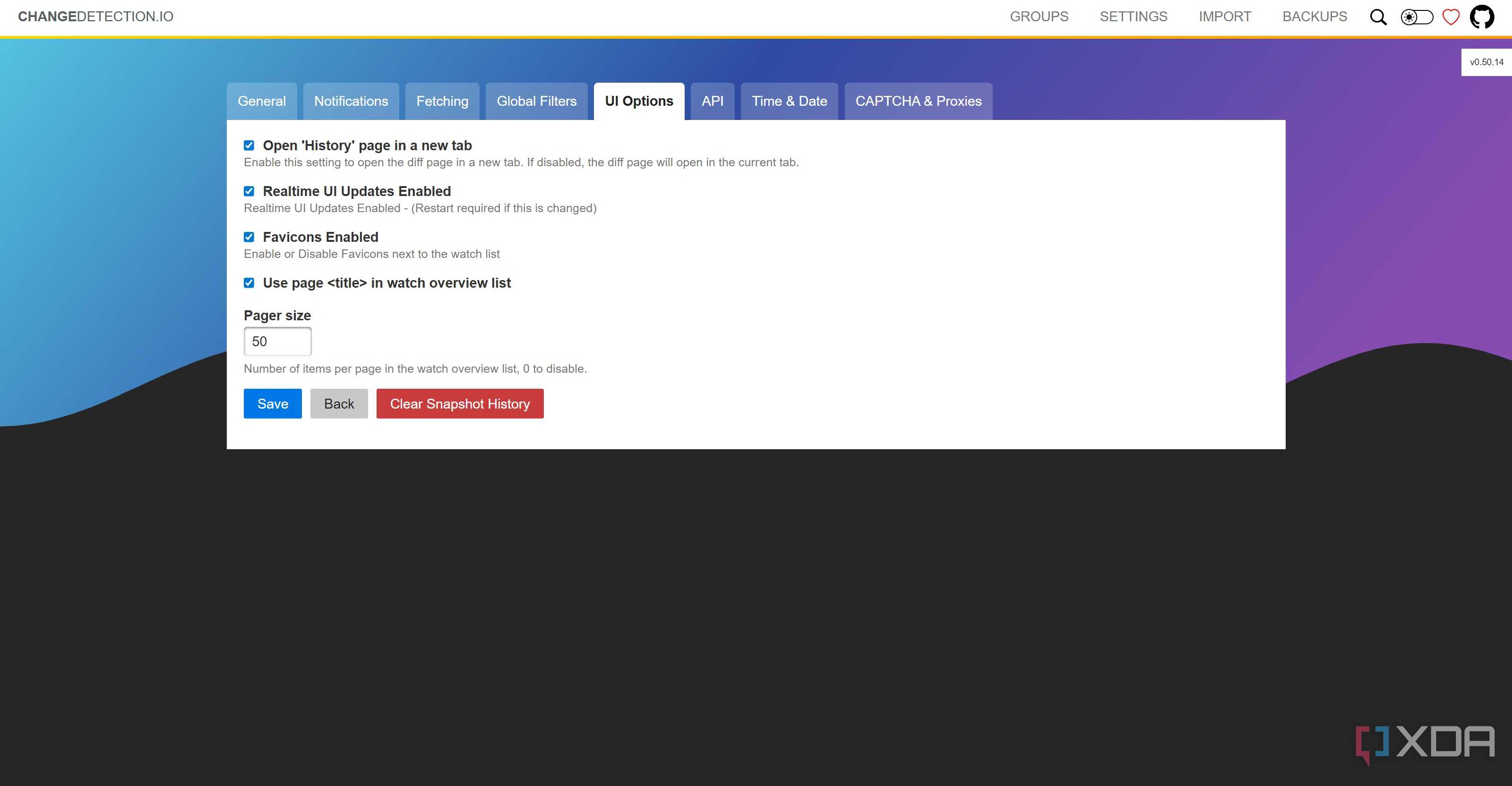 UI Settings in ChangeDetection