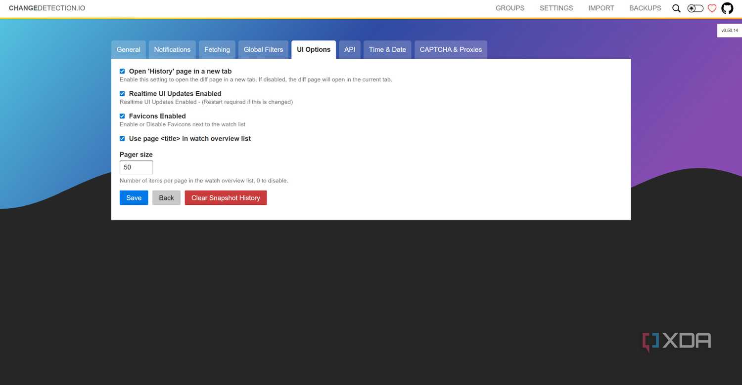 UI Settings in ChangeDetection