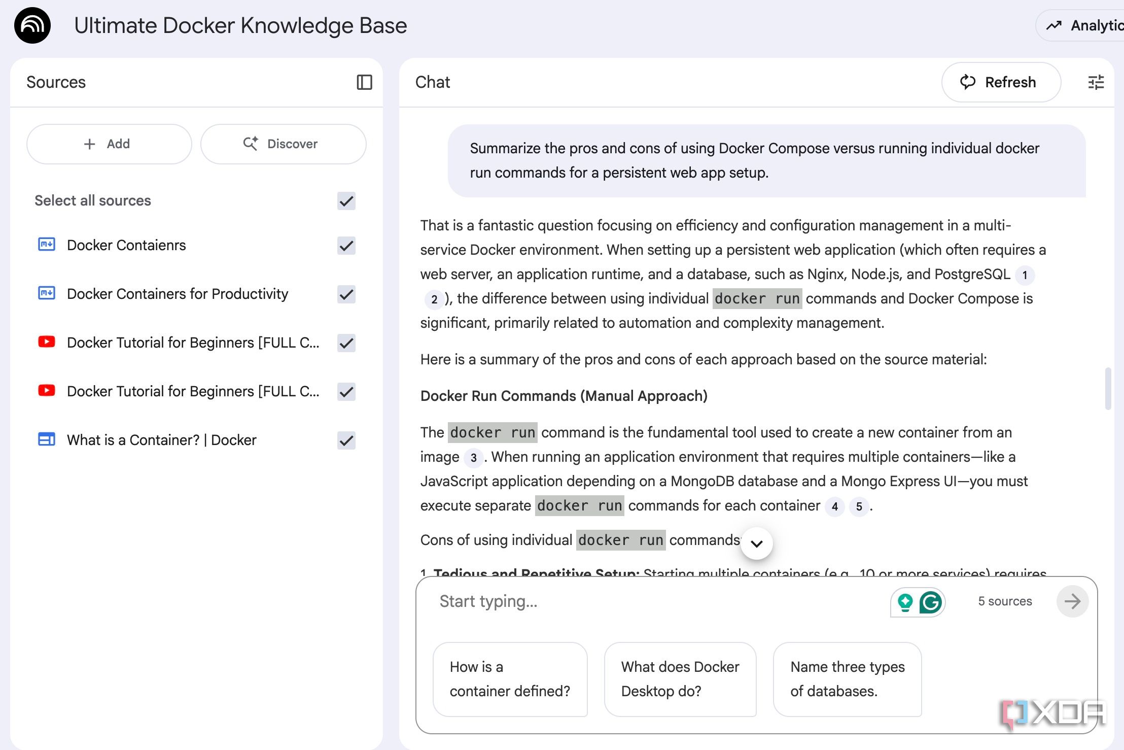 asking questions about Docker in NotebookLM