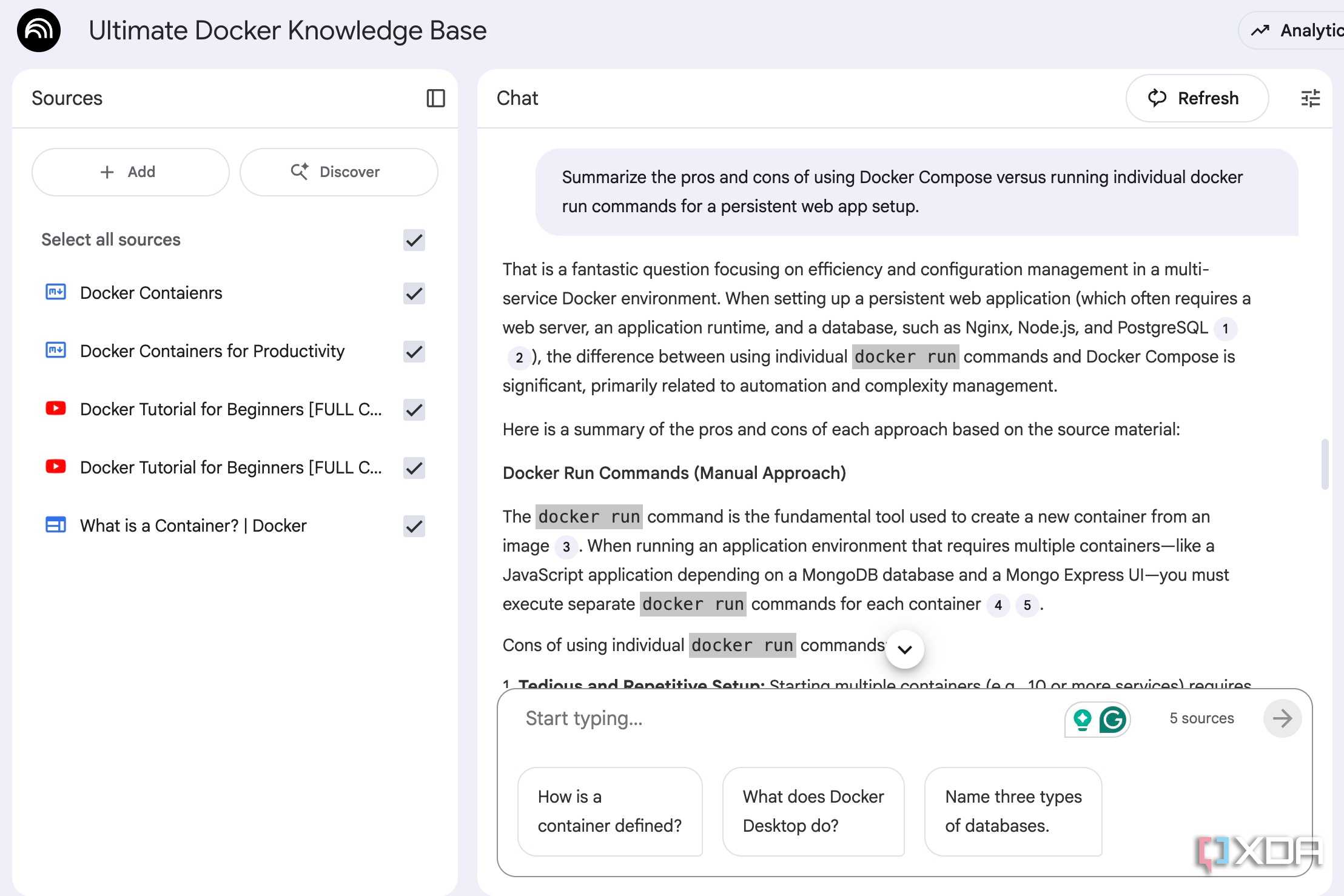 asking questions about Docker in NotebookLM