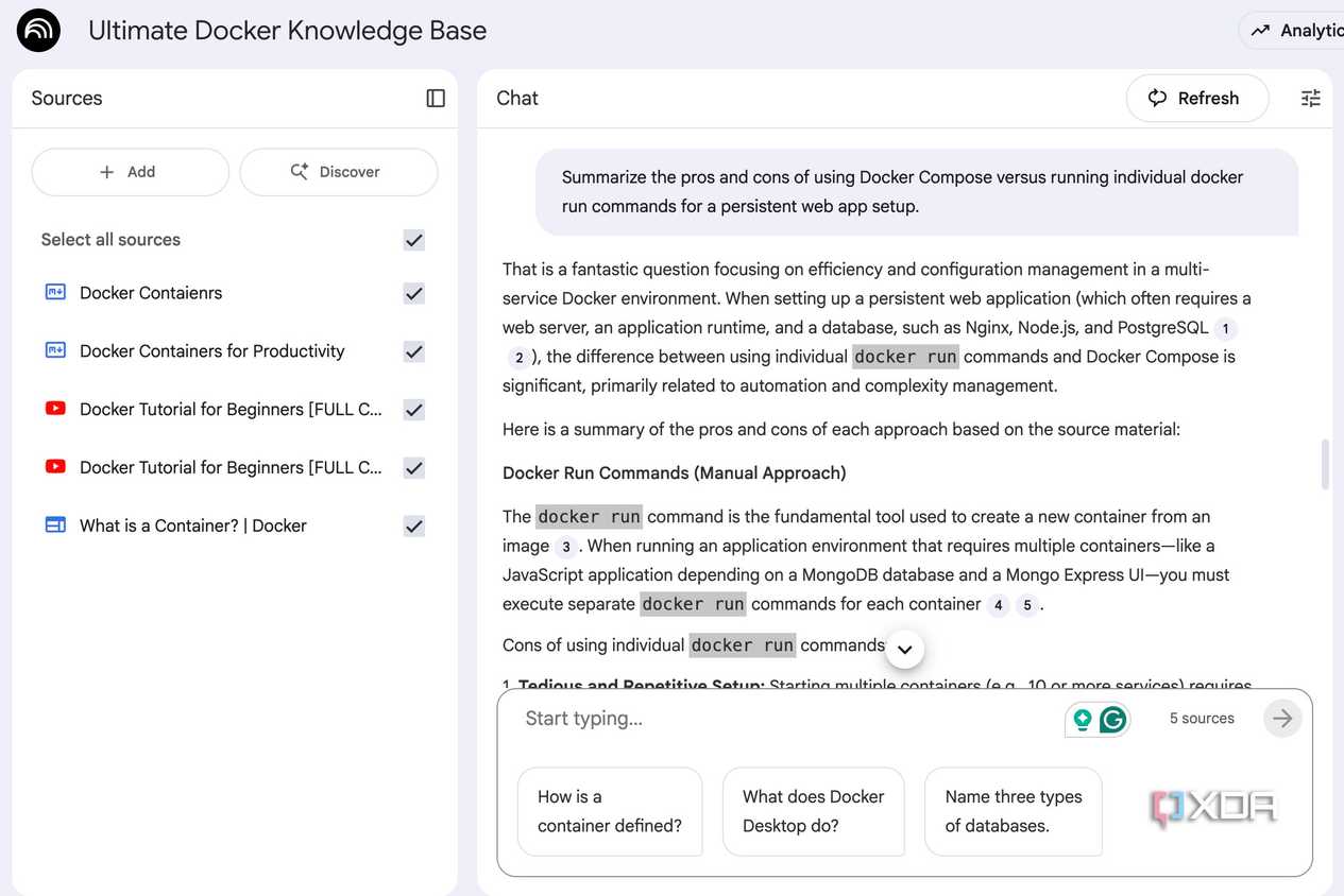 asking questions about Docker in NotebookLM
