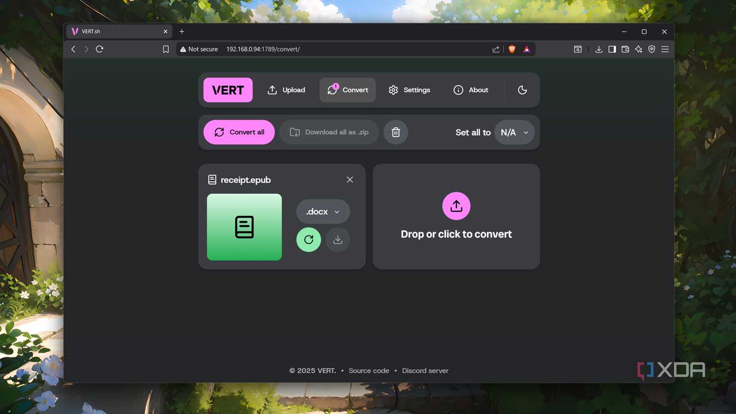 Converting an EPUB file on Vert