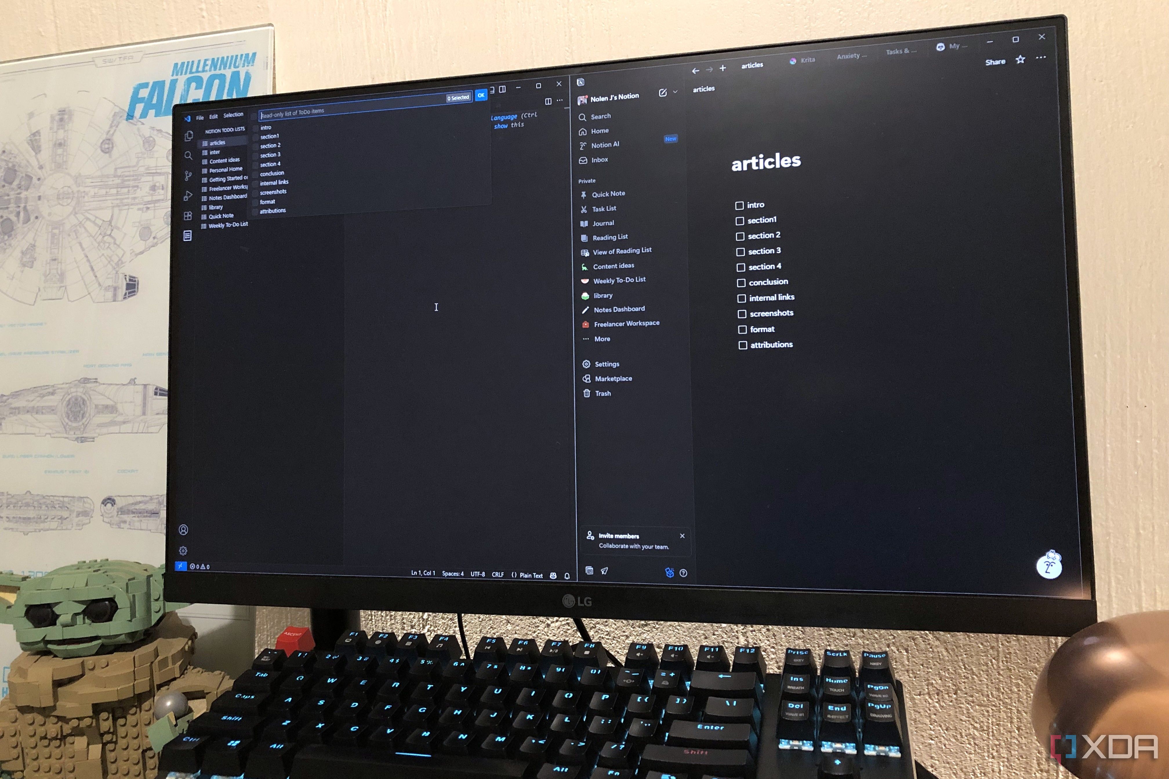 VSCode and Notion on desktop pc, lego and lamp in view