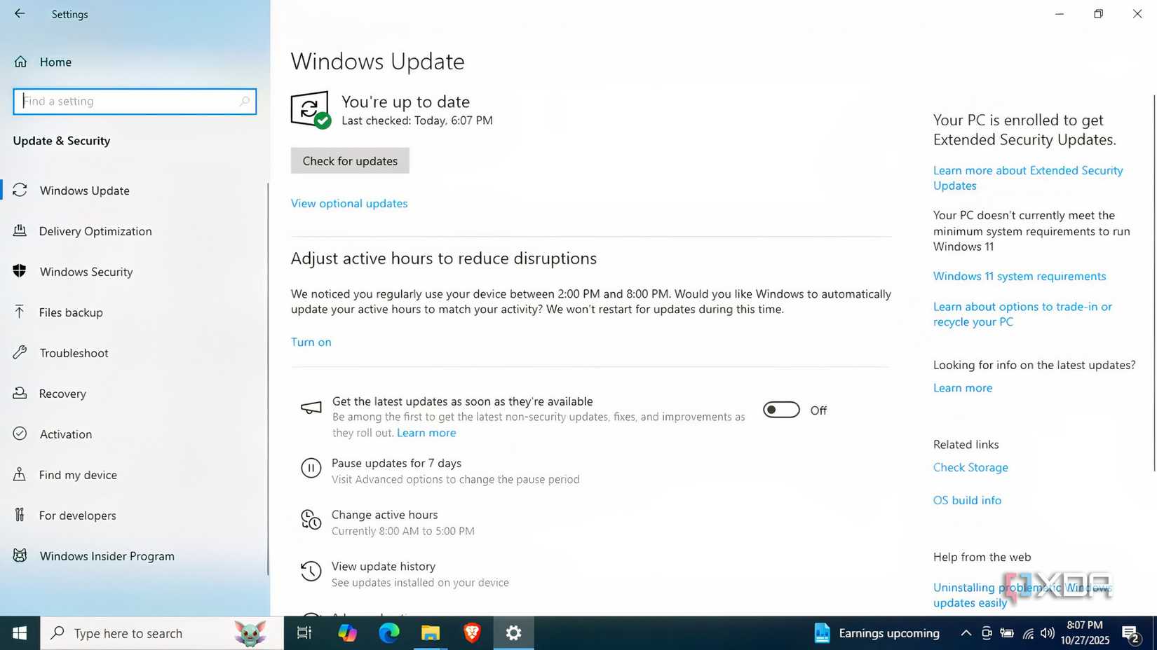 Update settings on a Windows 10 PC that's enrolled for extended security updates
