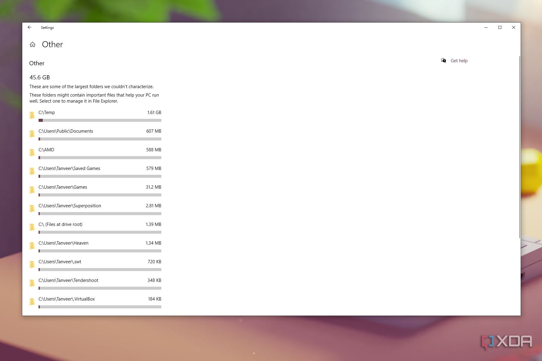 Screenshot showing Windows storage break-up on C drive on Windows 10