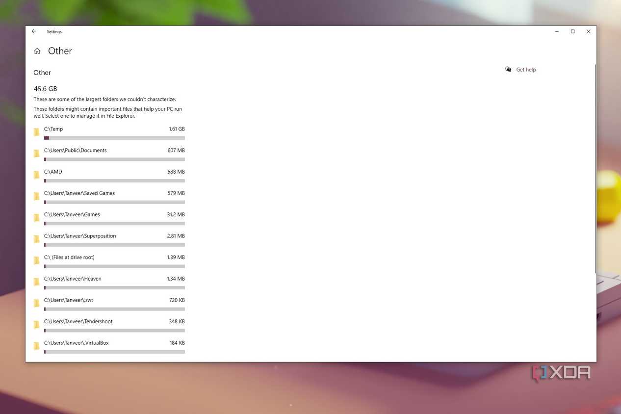 Screenshot showing Windows storage break-up on C drive on Windows 10