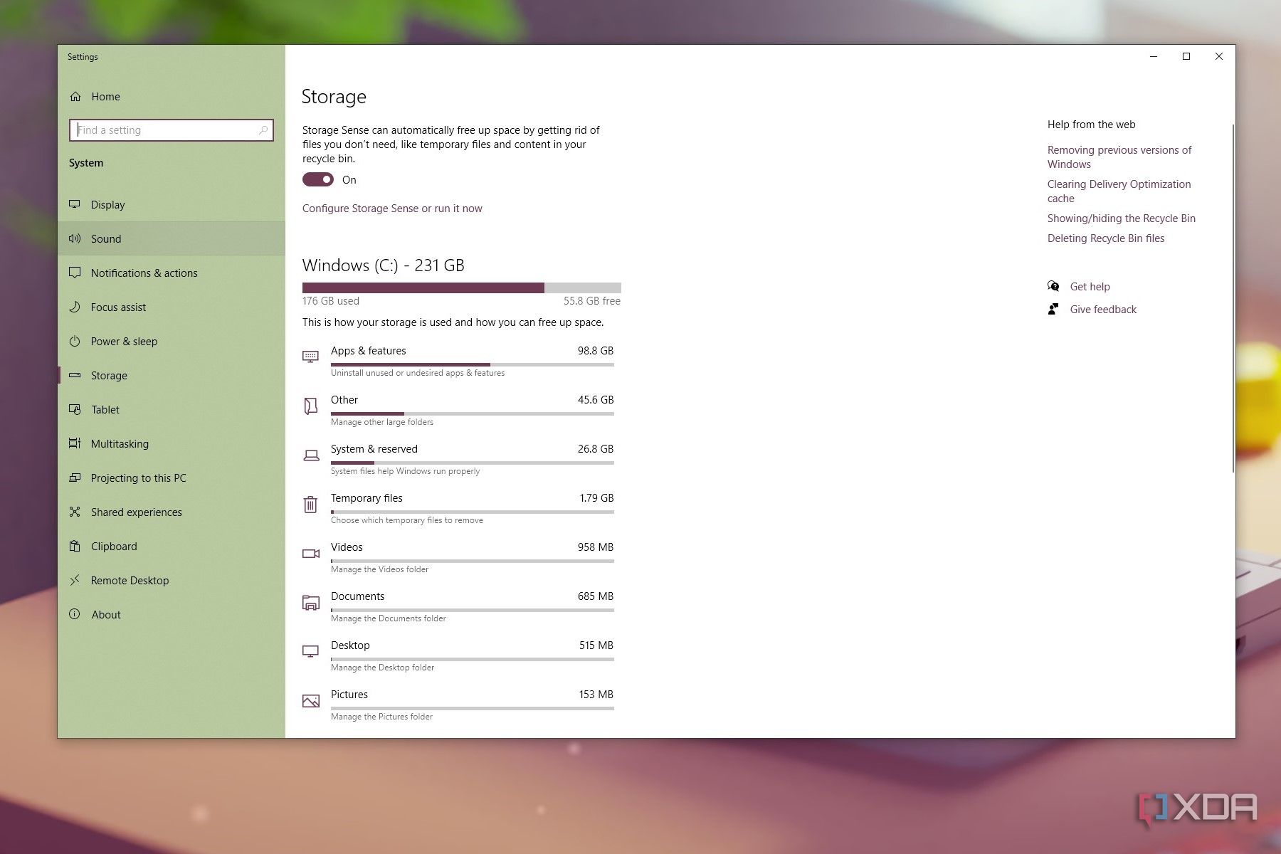 Screenshot showing Windows storage break-up on C drive on Windows 10