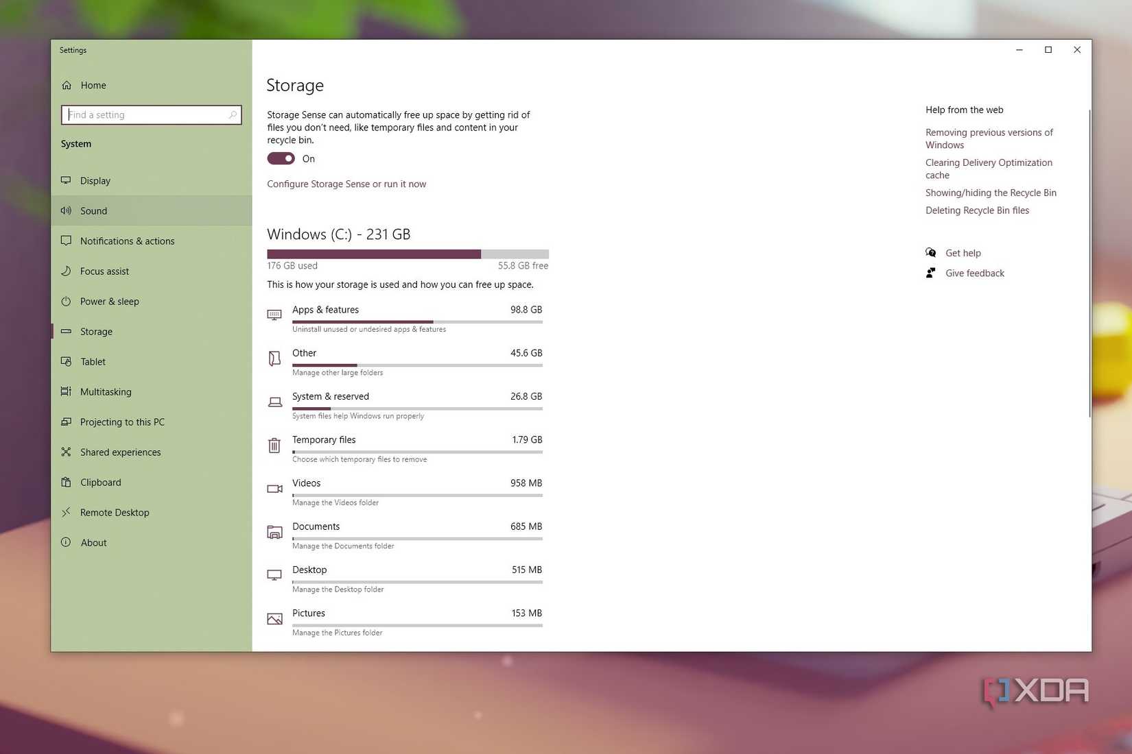 Captura de pantalla que muestra la ruptura del almacenamiento de Windows en la unidad C en Windows 10