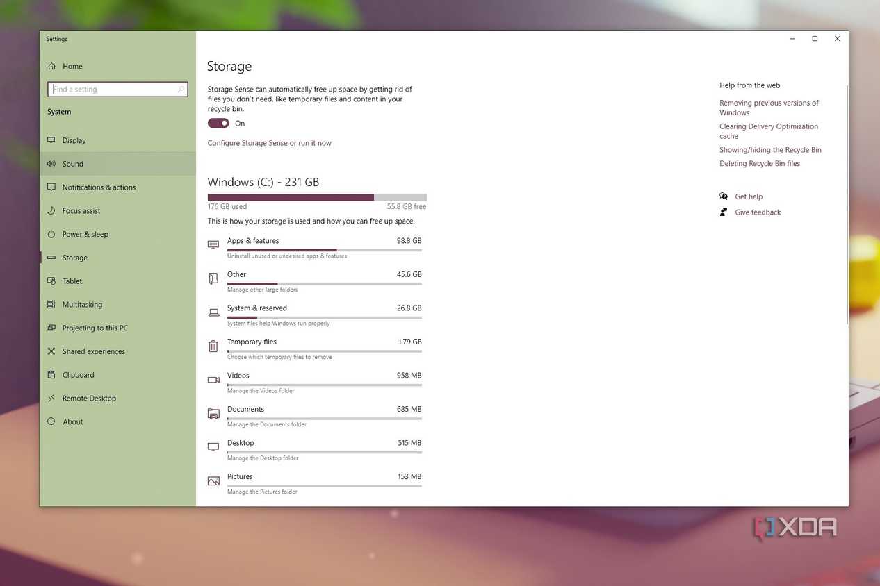 Screenshot showing Windows storage break-up on C drive on Windows 10