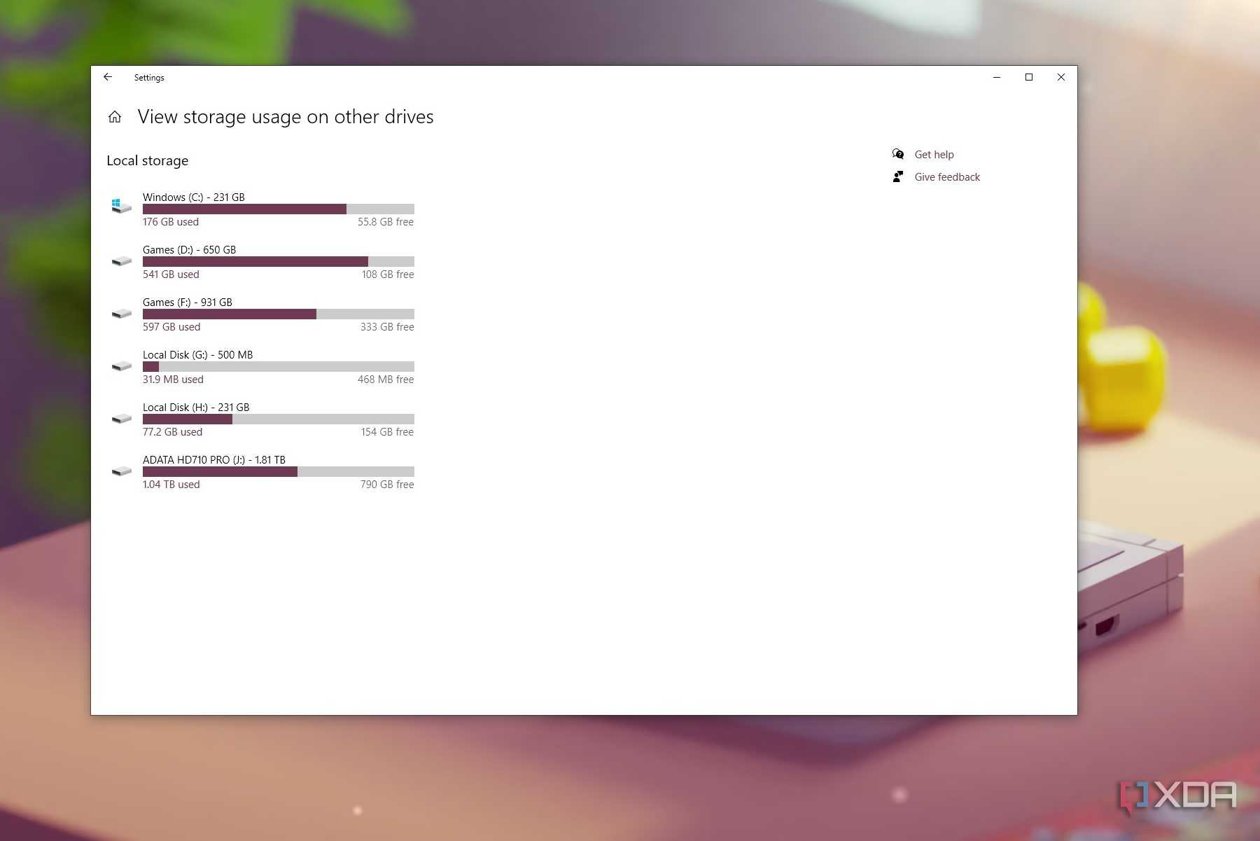 Screenshot showing Windows storage settings on Windows 10