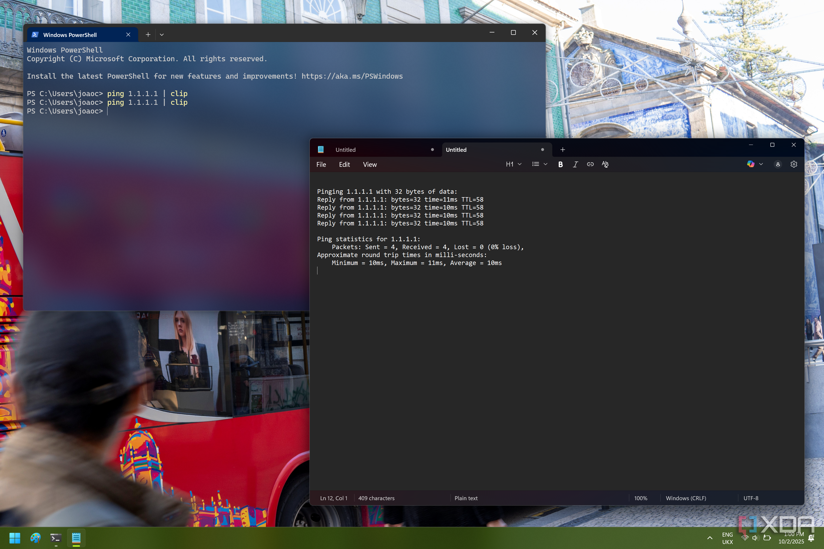 Screenshot of Windows Terminal next to a Notepad window where the output of a ping command has been pasted