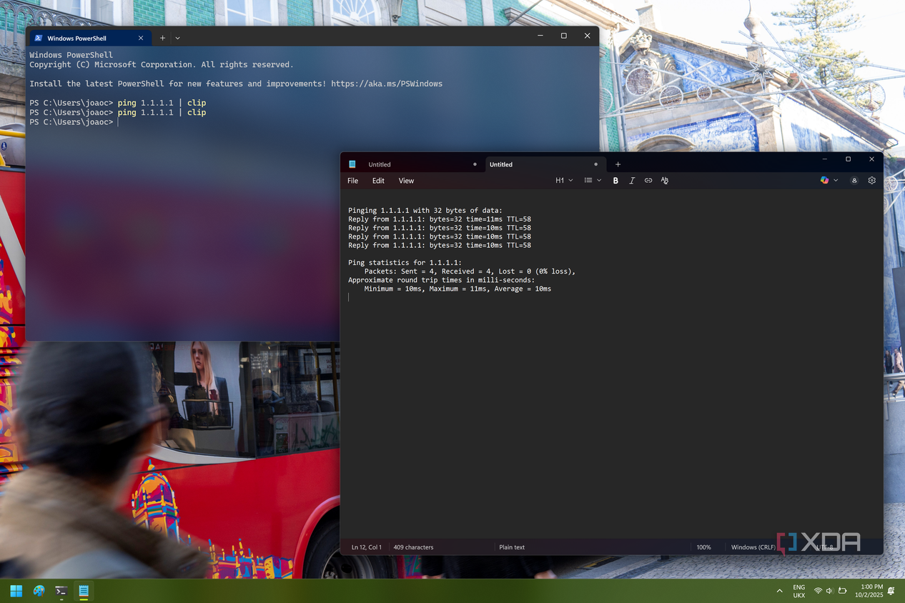 Screenshot of Windows Terminal next to a Notepad window where the output of a ping command has been pasted