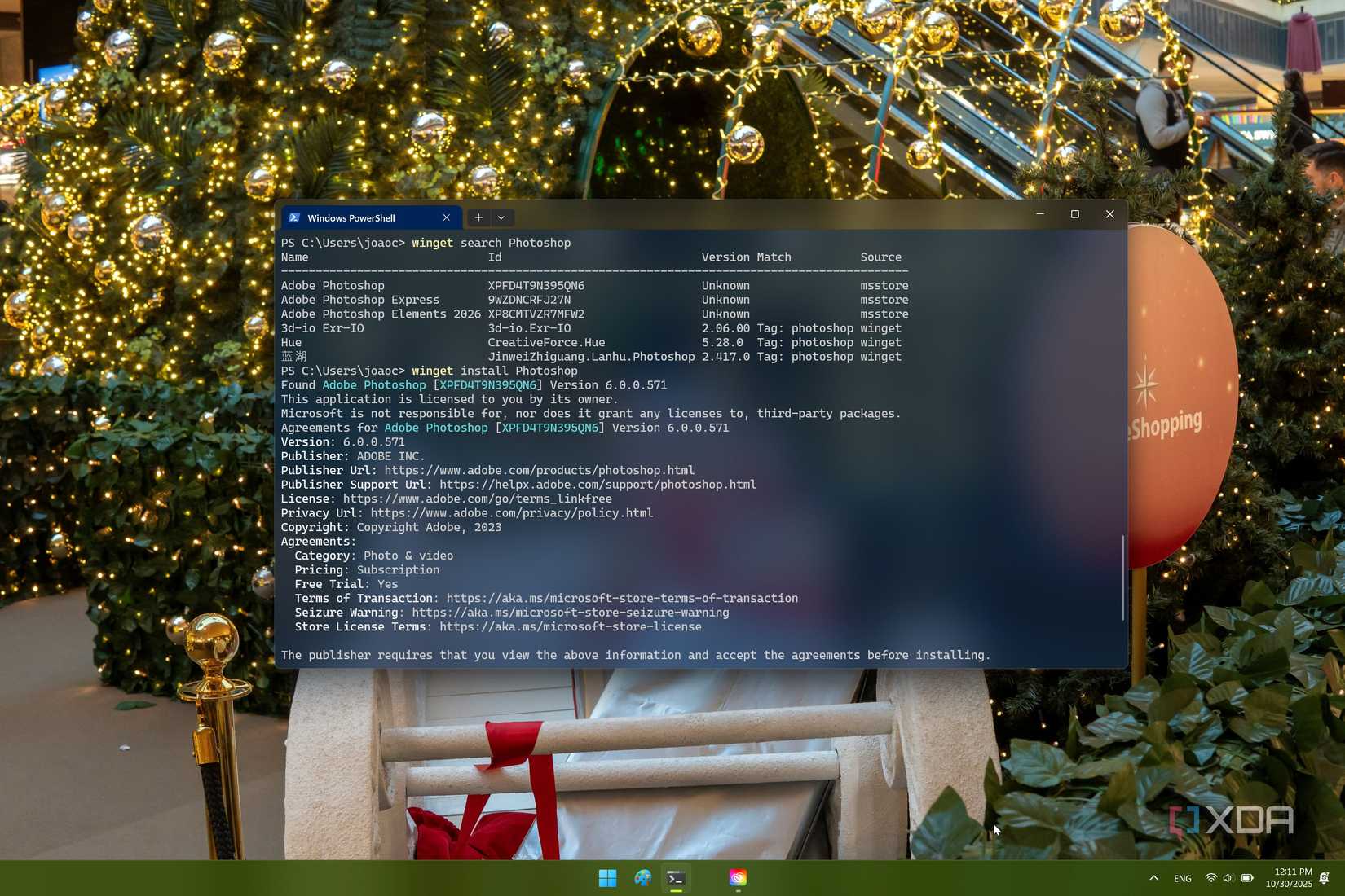 Screenshot of WIndows terminal after running a command to install Adobe Photoshop