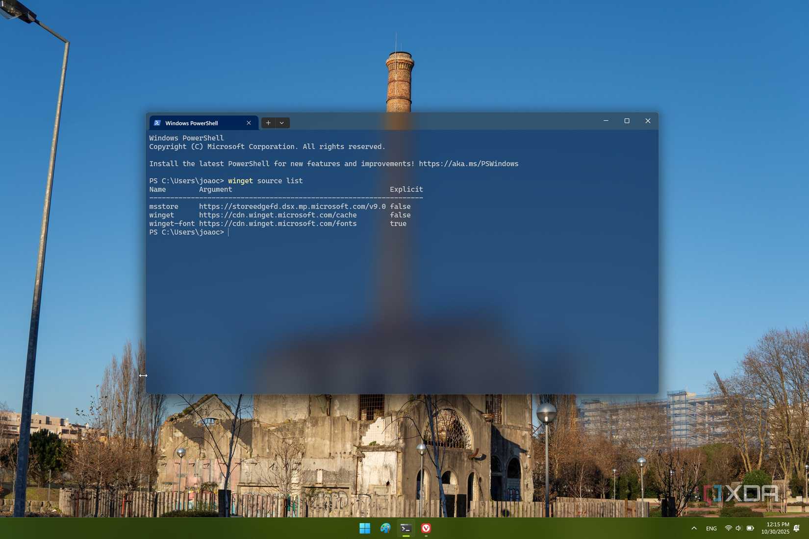 Screenshot of Windows Terminal showing a list of sources in winget