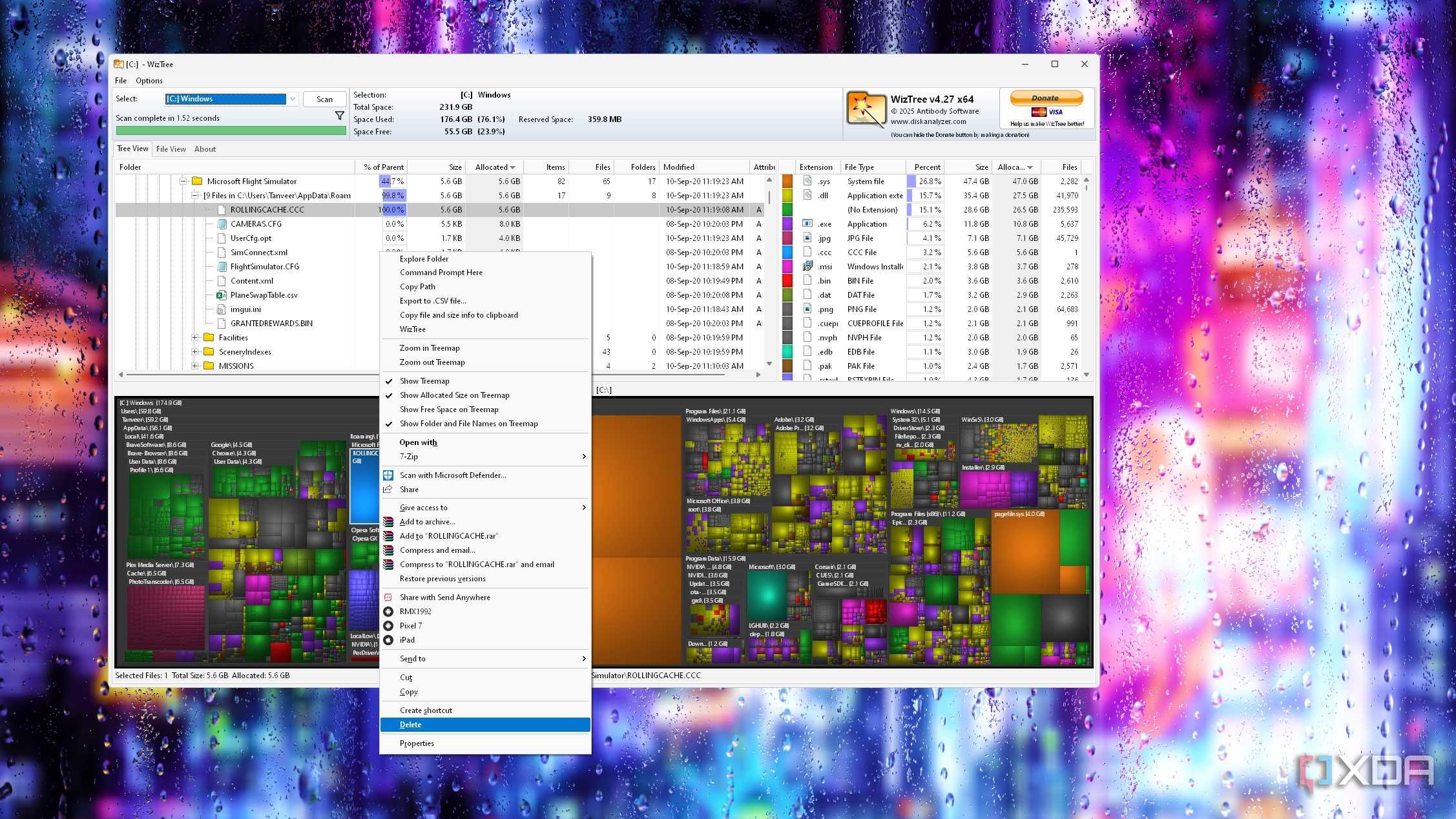 Screenshot of a WizTree window showing storage analysis and additional options