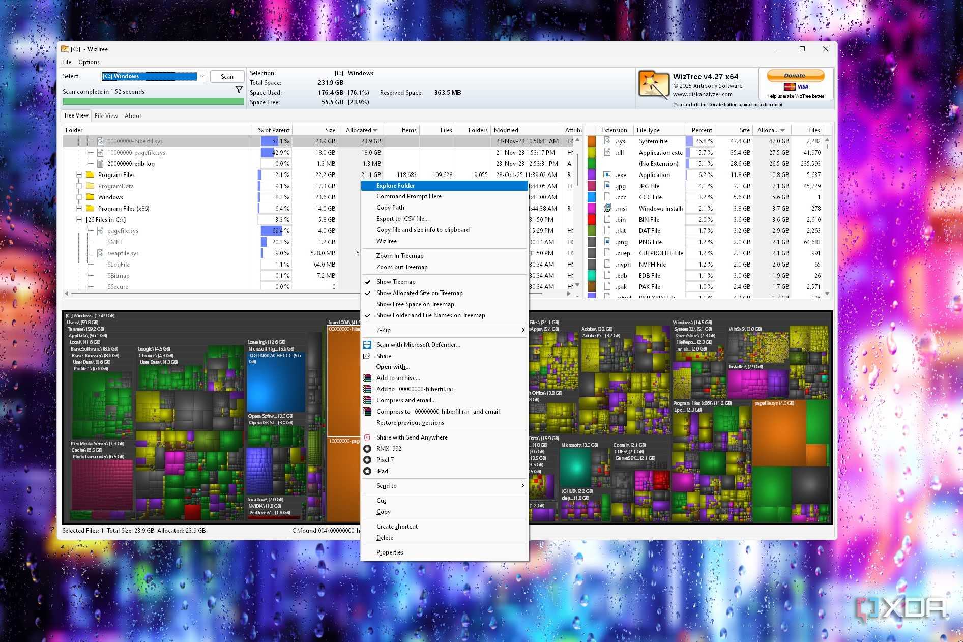 Screenshot of a WizTree window showing storage analysis and additional options