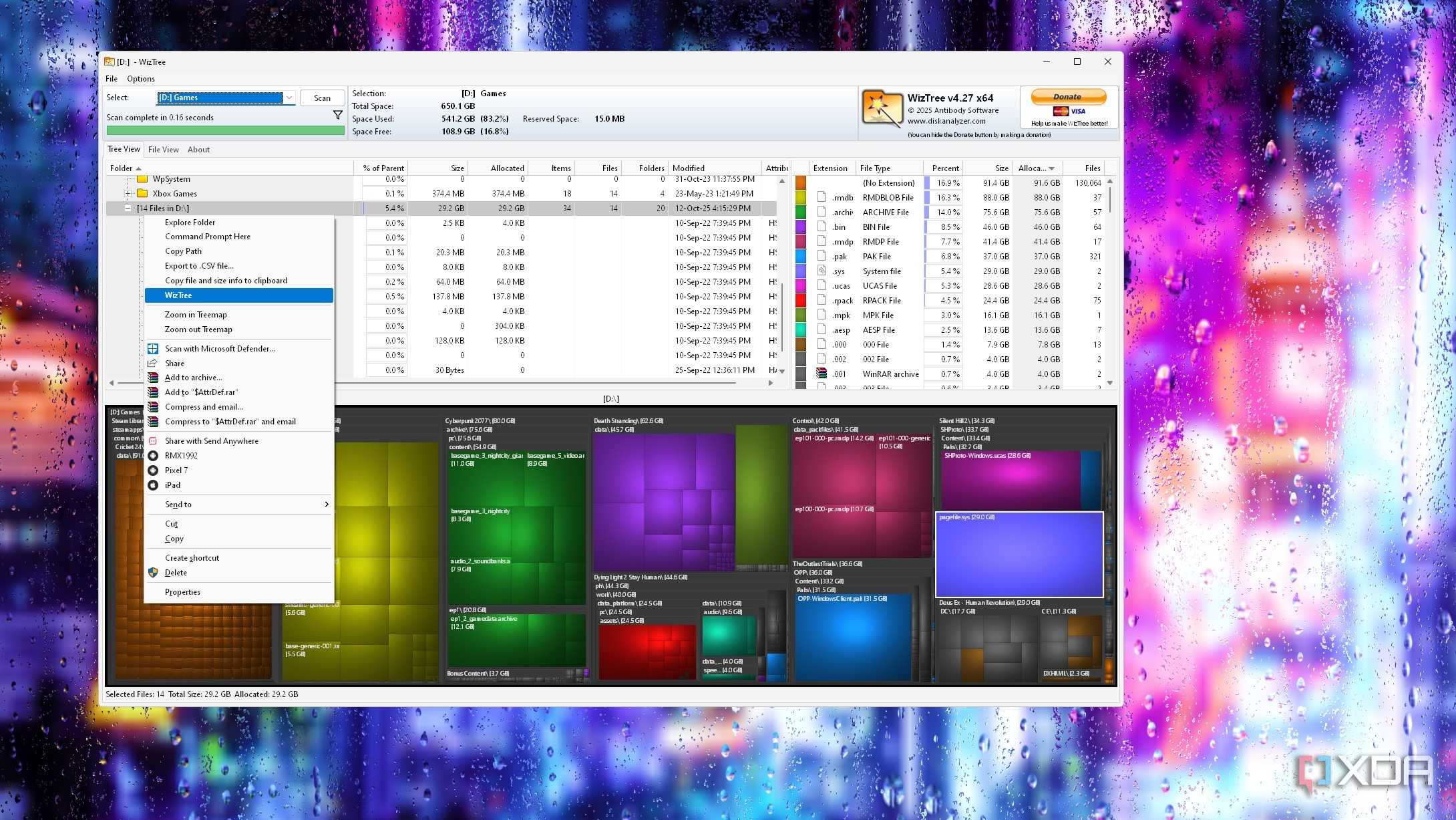 Screenshot of a WizTree window showing storage analysis and additional options