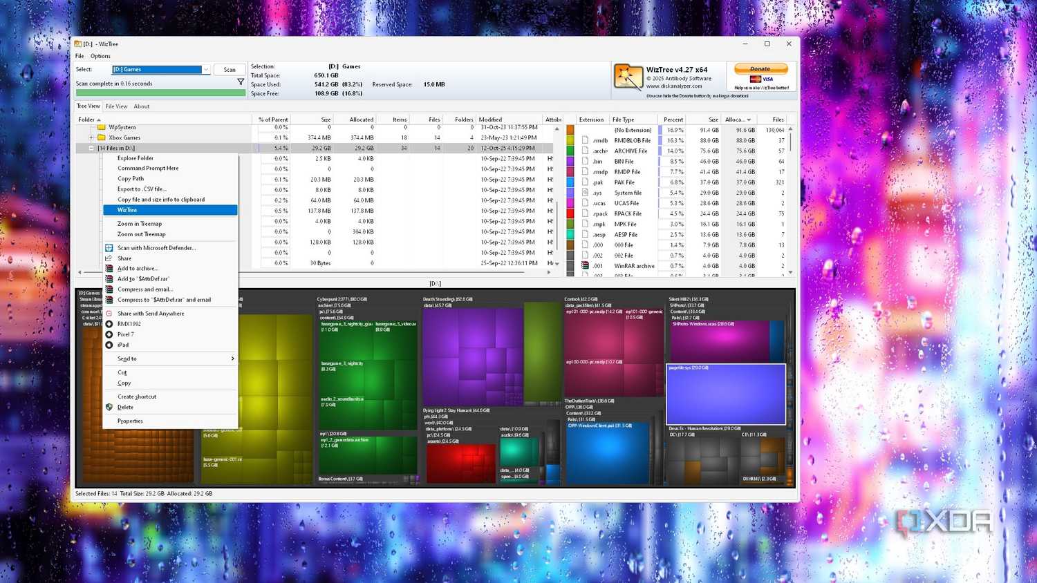 Screenshot of a WizTree window showing storage analysis and additional options