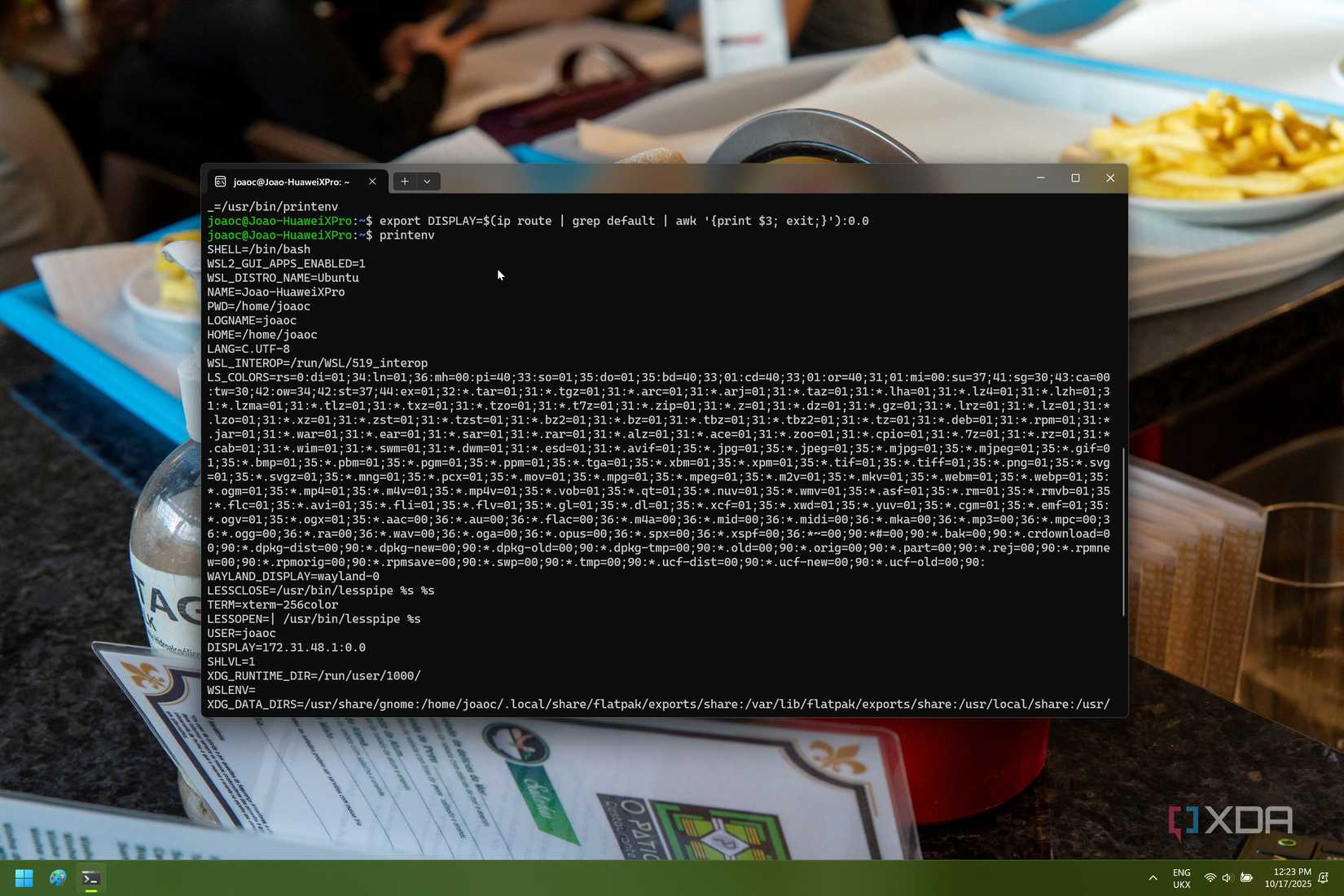 Captura de pantalla de la Terminal de Windows que muestra las variables de entorno para una instancia del Subsistema de Windows para Linux