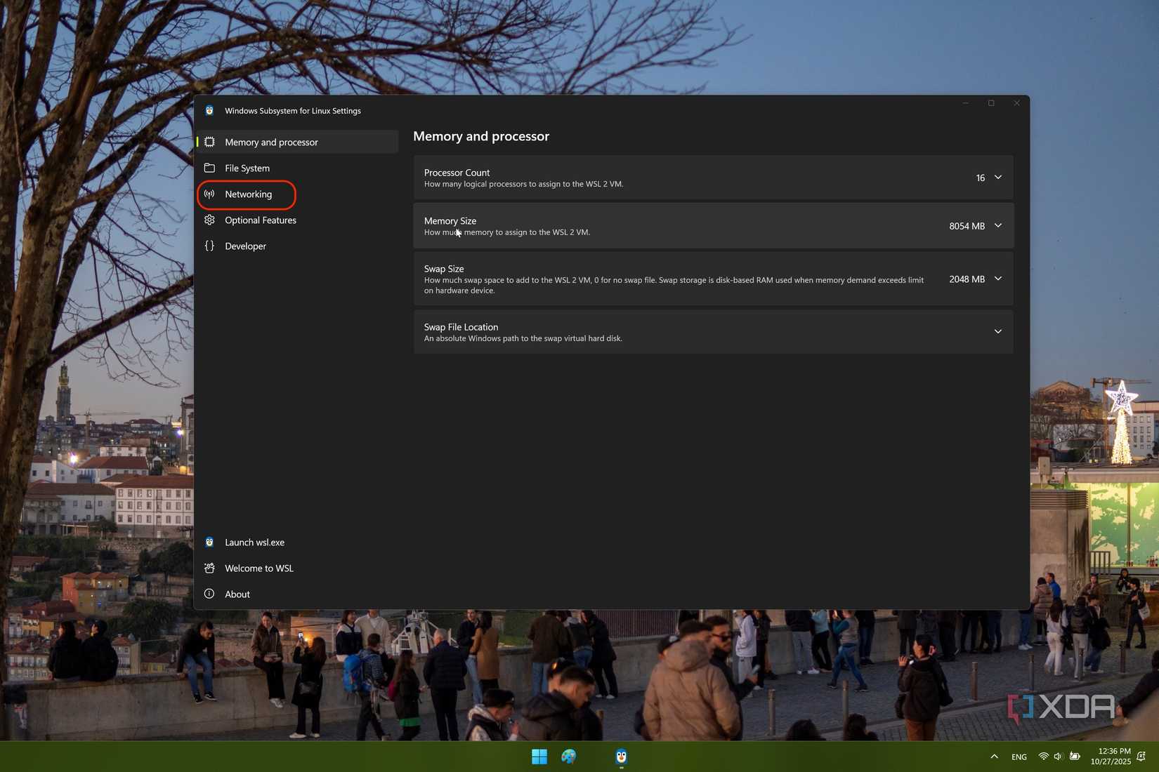 Captura de pantalla de la aplicación de configuración WSL que muestra la página predeterminada. La pestaña Redes está resaltada