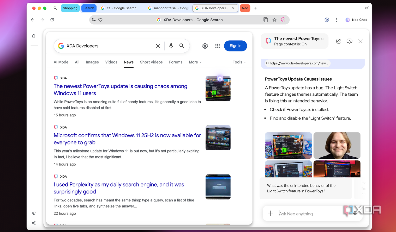 XDA Developers Google Search result next to AI Chat interface