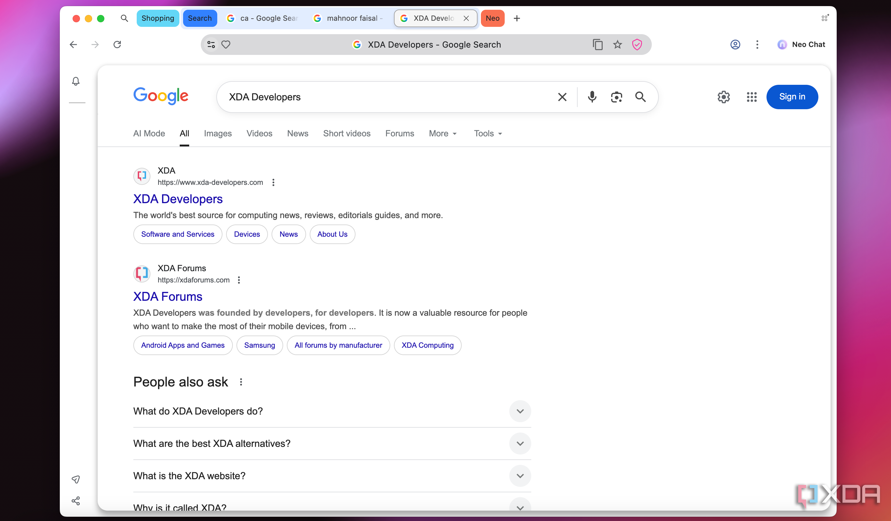 XDA Developers Google search result