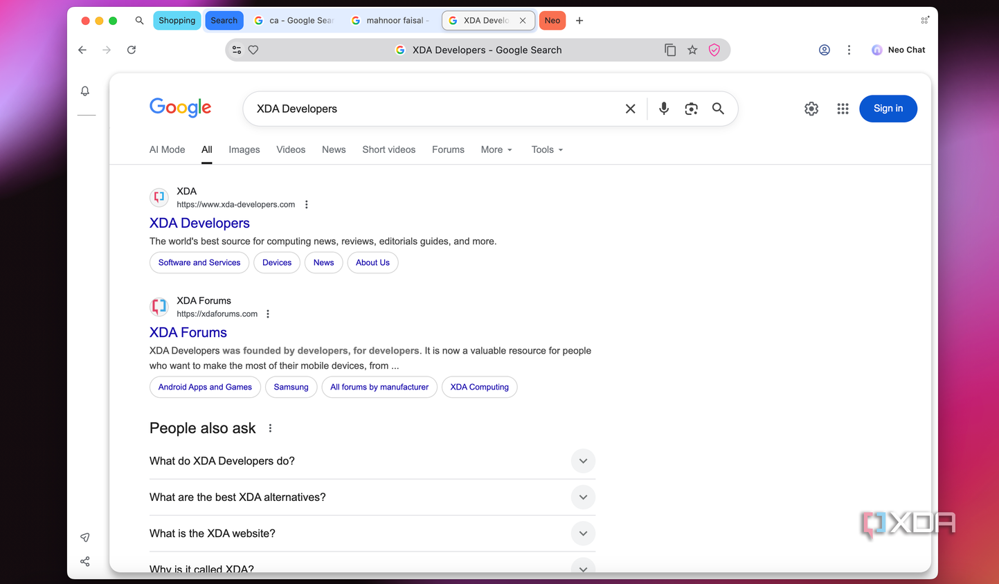 XDA Developers Google search result