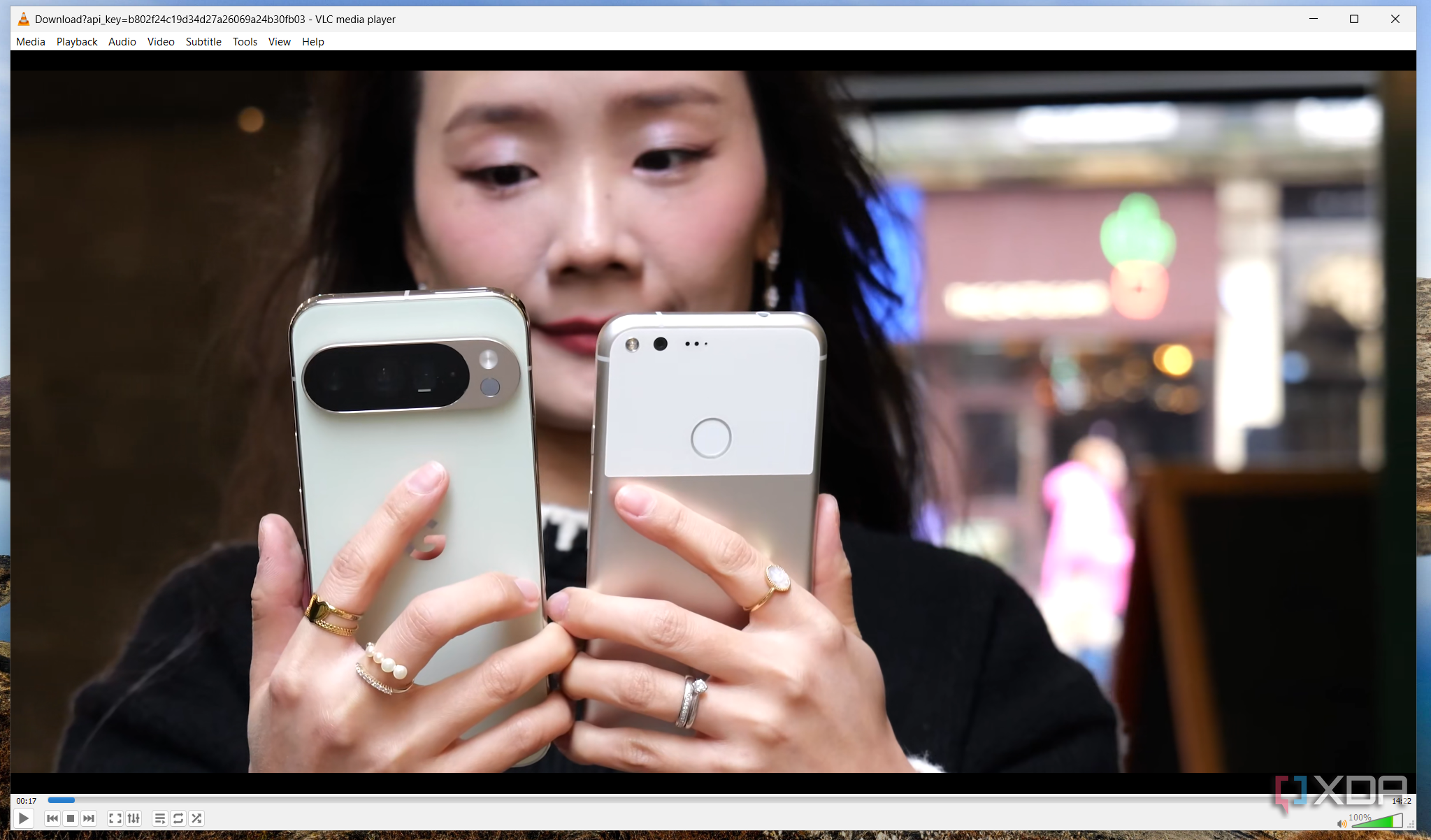 A screenshot of VLC playing a smartphone comparison video sourced from Jellyfin.
