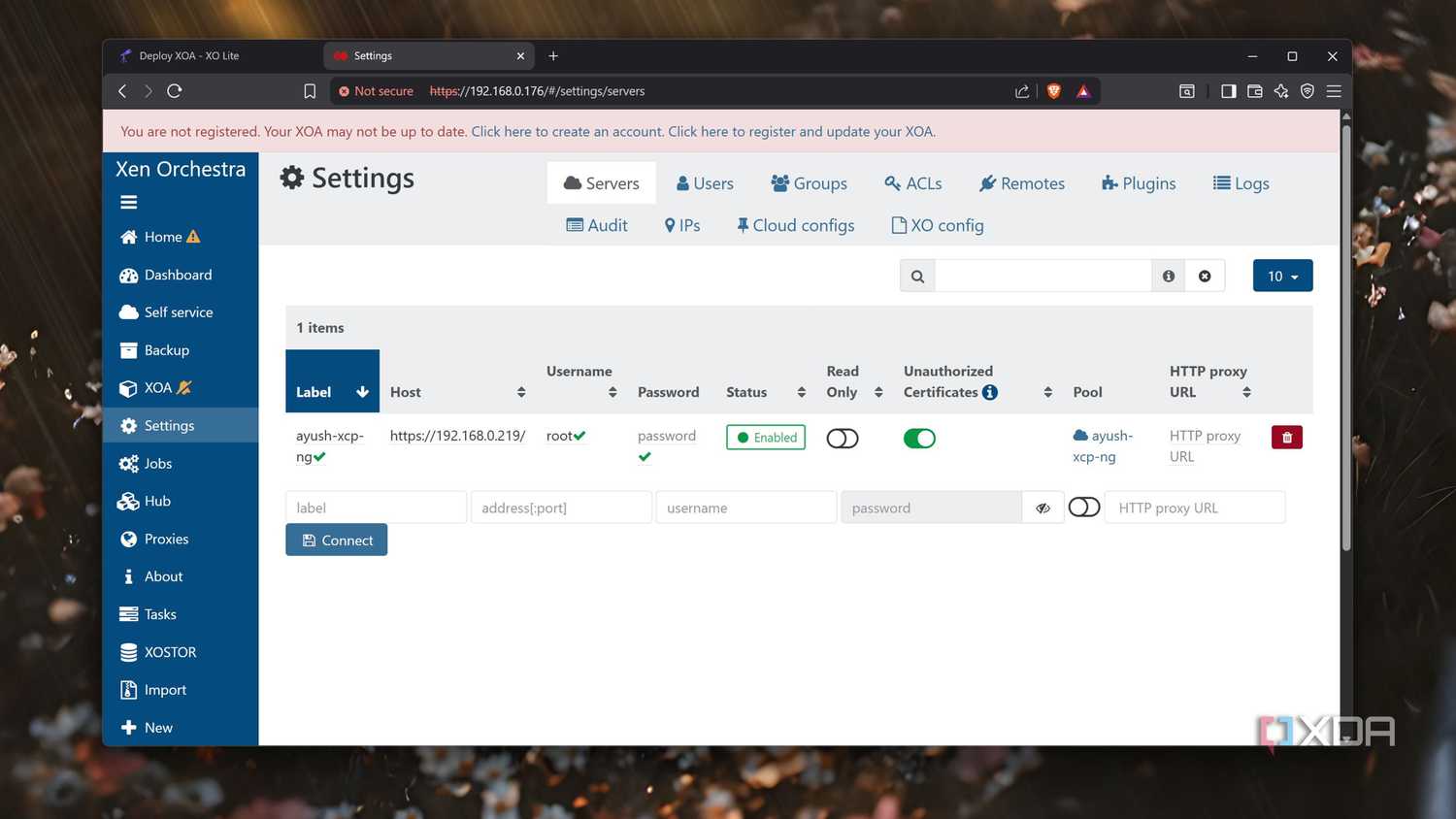 Connecting XOA with an XCP-ng instance