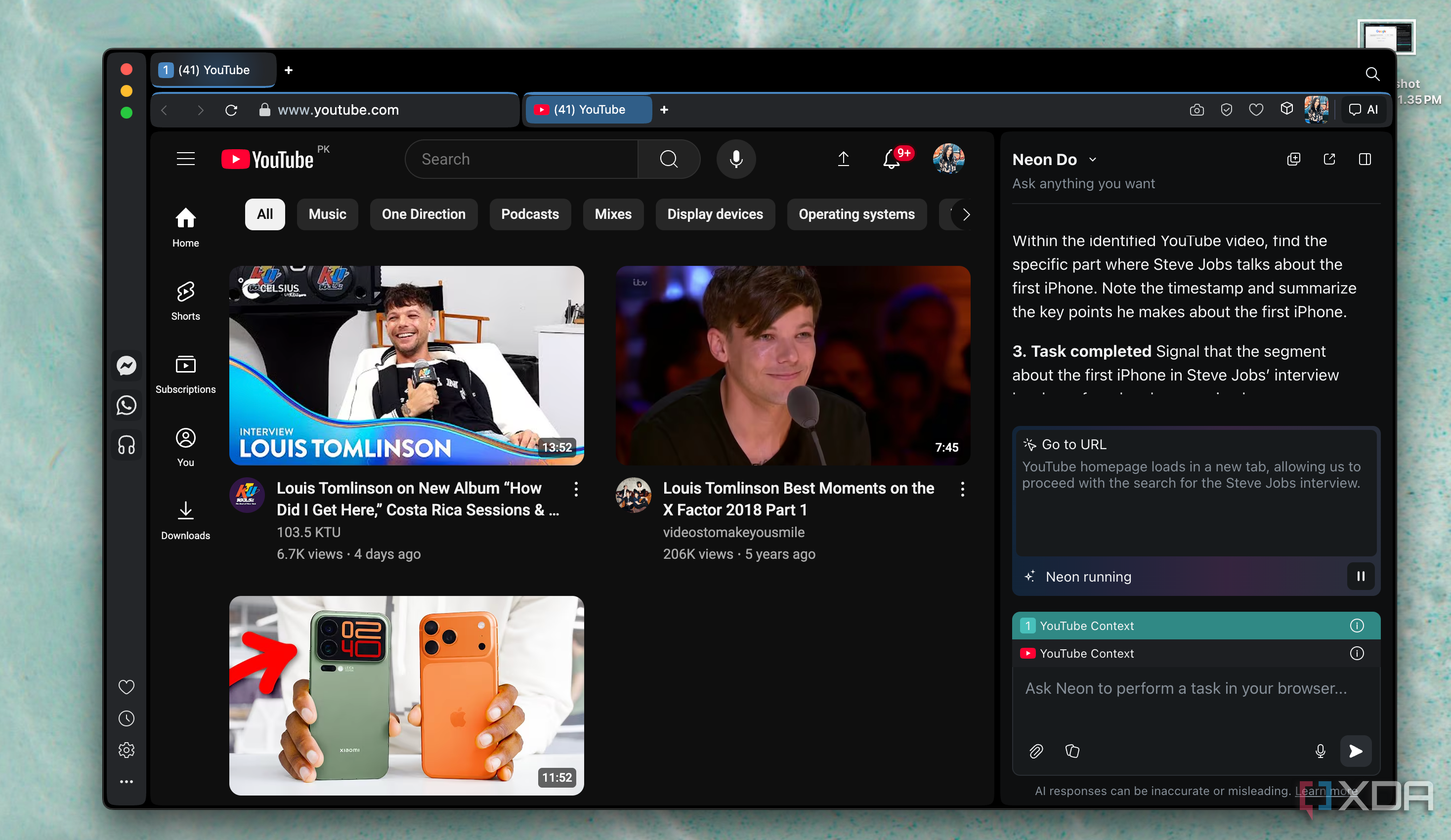 YouTube homepage in Opera Neon with Neon Do open in the sidebar