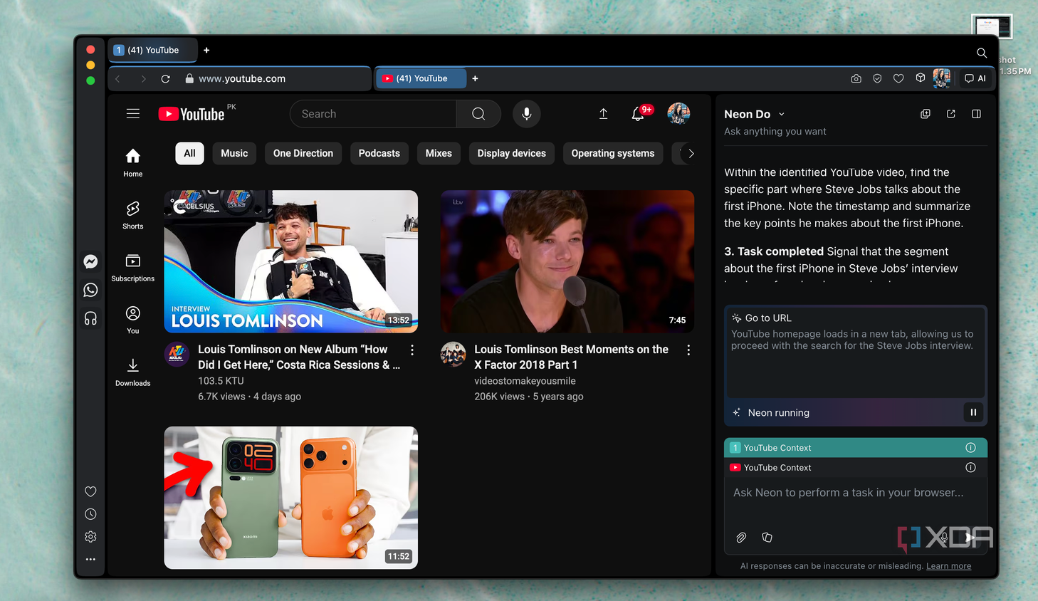 YouTube homepage in Opera Neon with Neon Do open in the sidebar