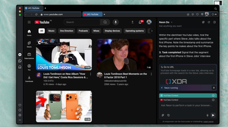 YouTube homepage in Opera Neon with Neon Do open in the sidebar