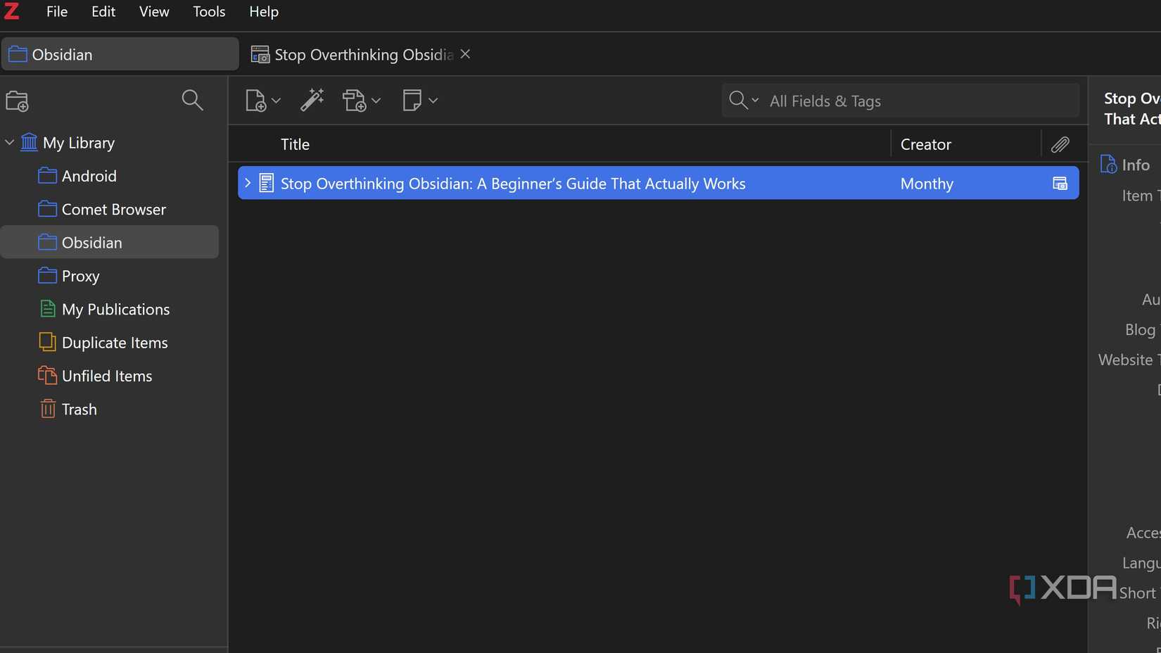 Zotero muestra colección creada para Obsidian, Proxy y Android
