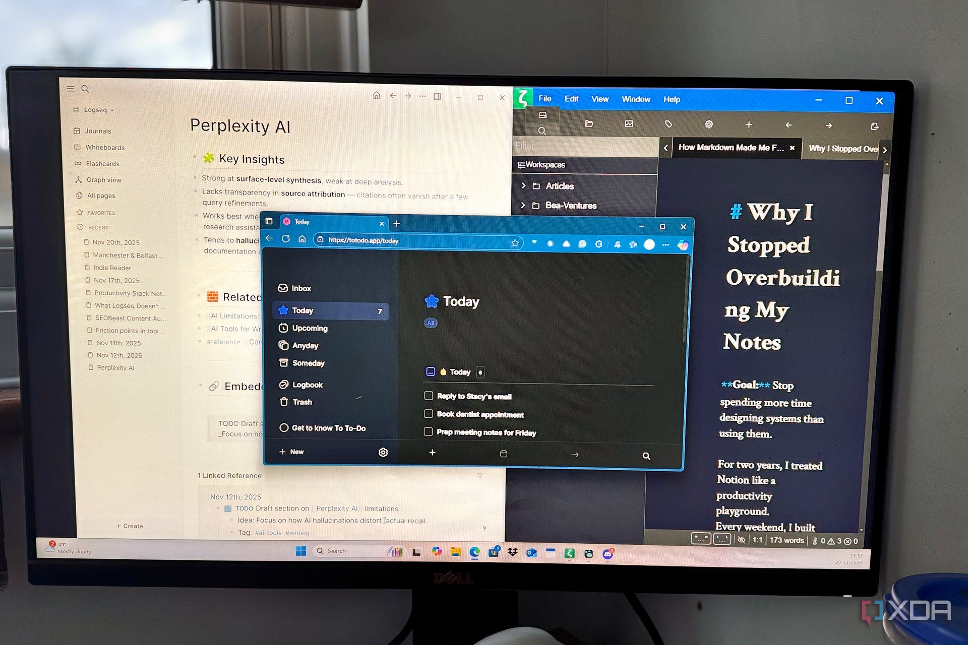 Photo of Logseq, Zettlr, and To To-Do open on monitor