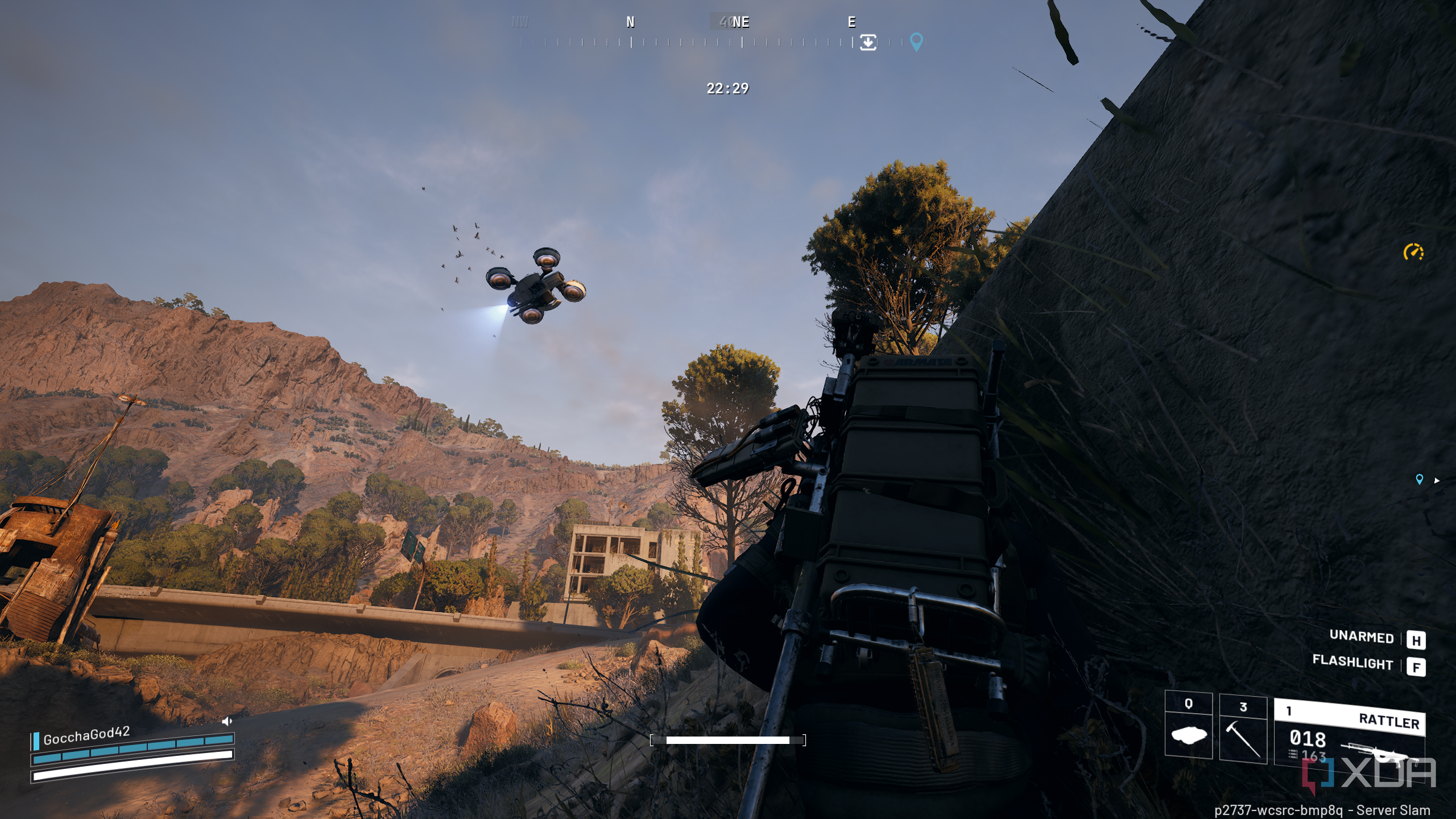 Hiding from an overhead drone in Arc Raiders.