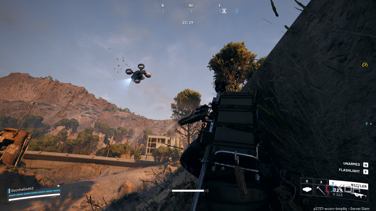 Hiding from an overhead drone in Arc Raiders.