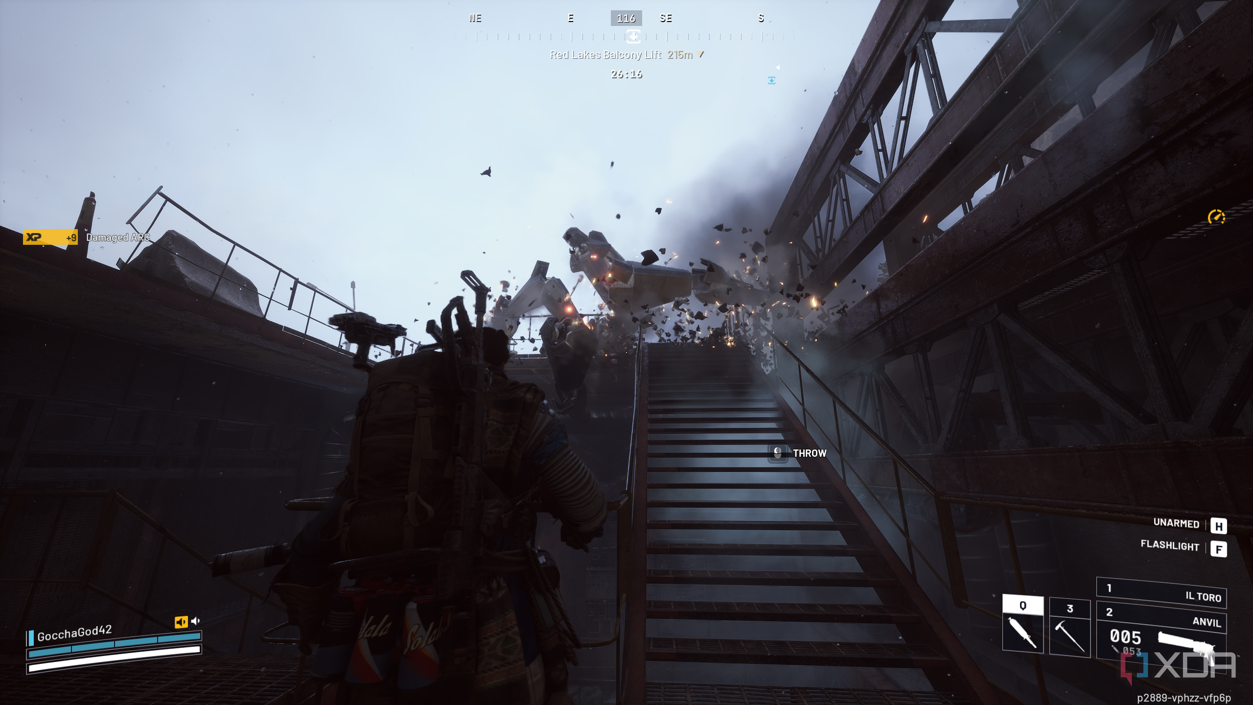 A Leaper attempting to enter a stairway shaft in Arc Raiders.